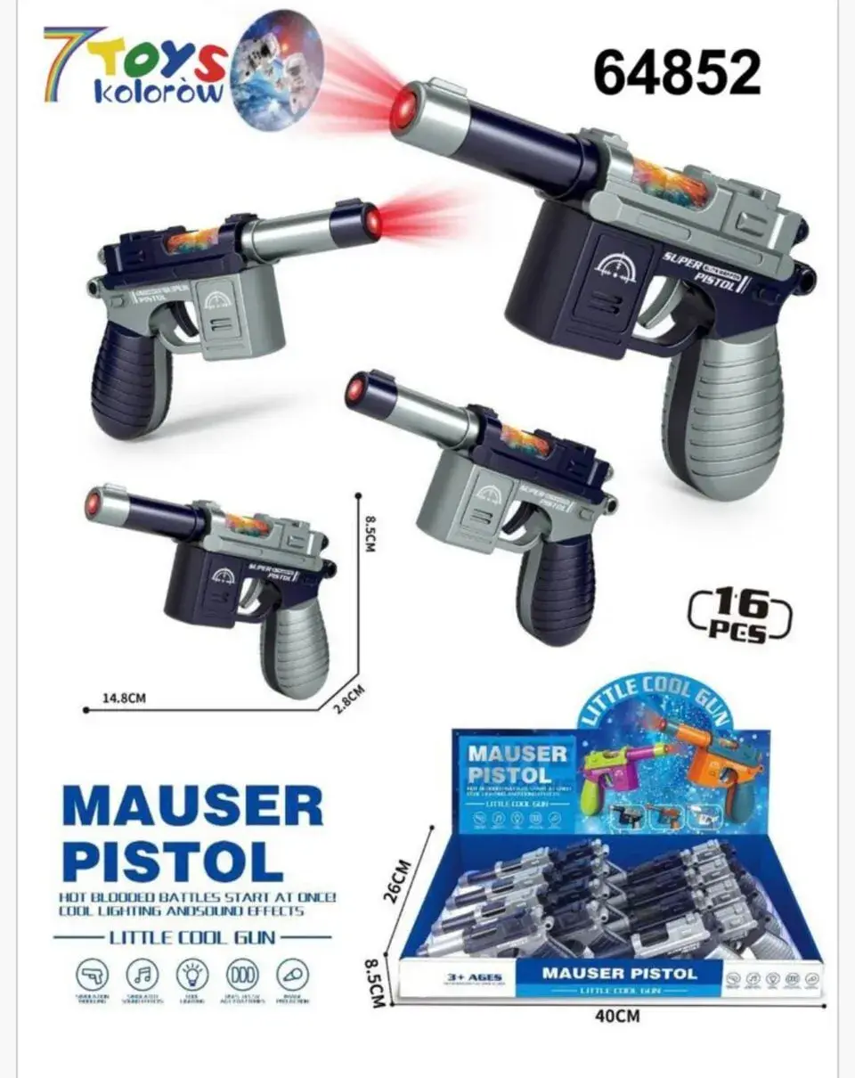 Pistolet Zabawkowy Mauser Pistol 14.8cm, Światło i Dźwięk, 16 szt.