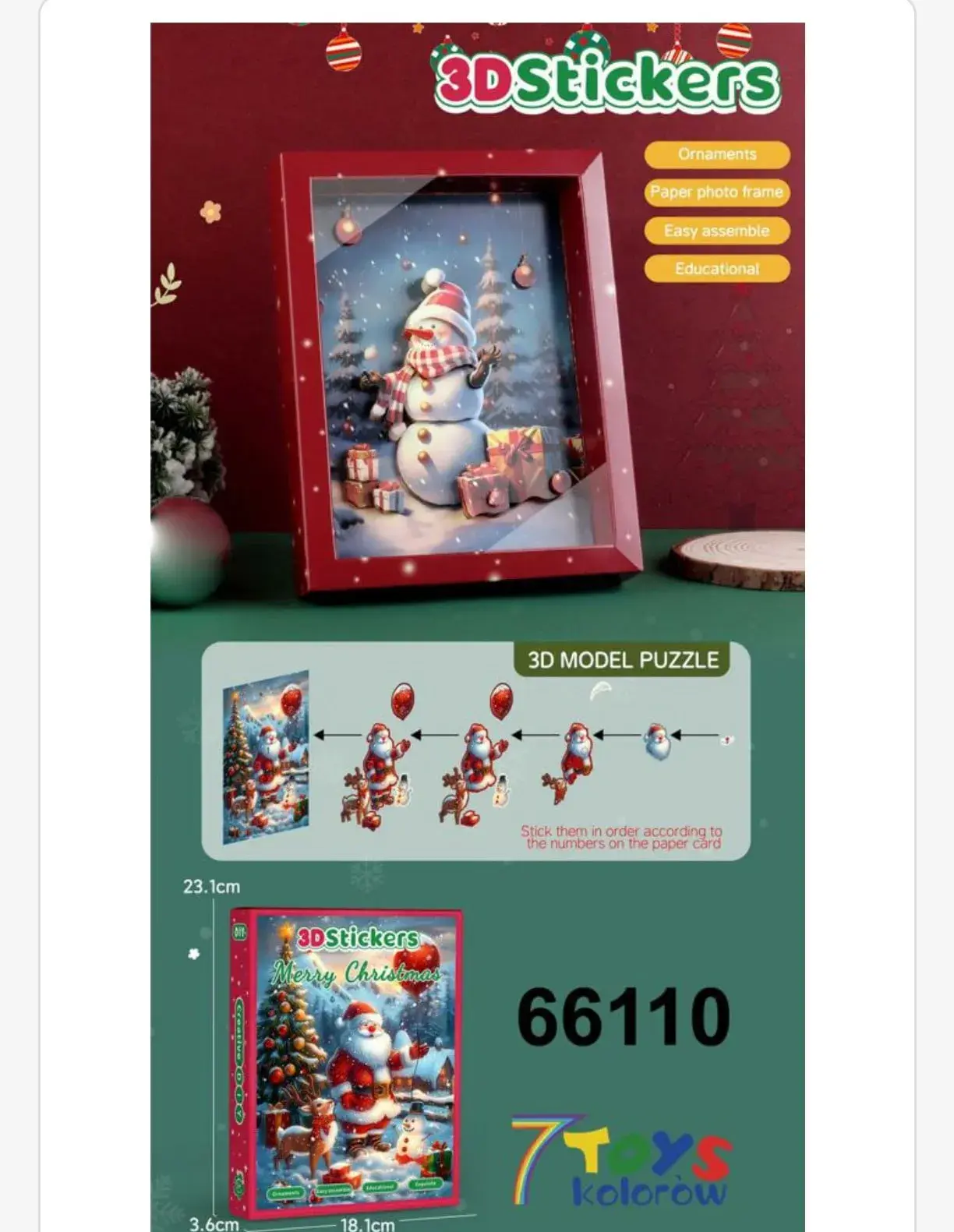 Zabawki Puzzle 3D Stickers Bałwan Świąteczny 23x18x3 cm