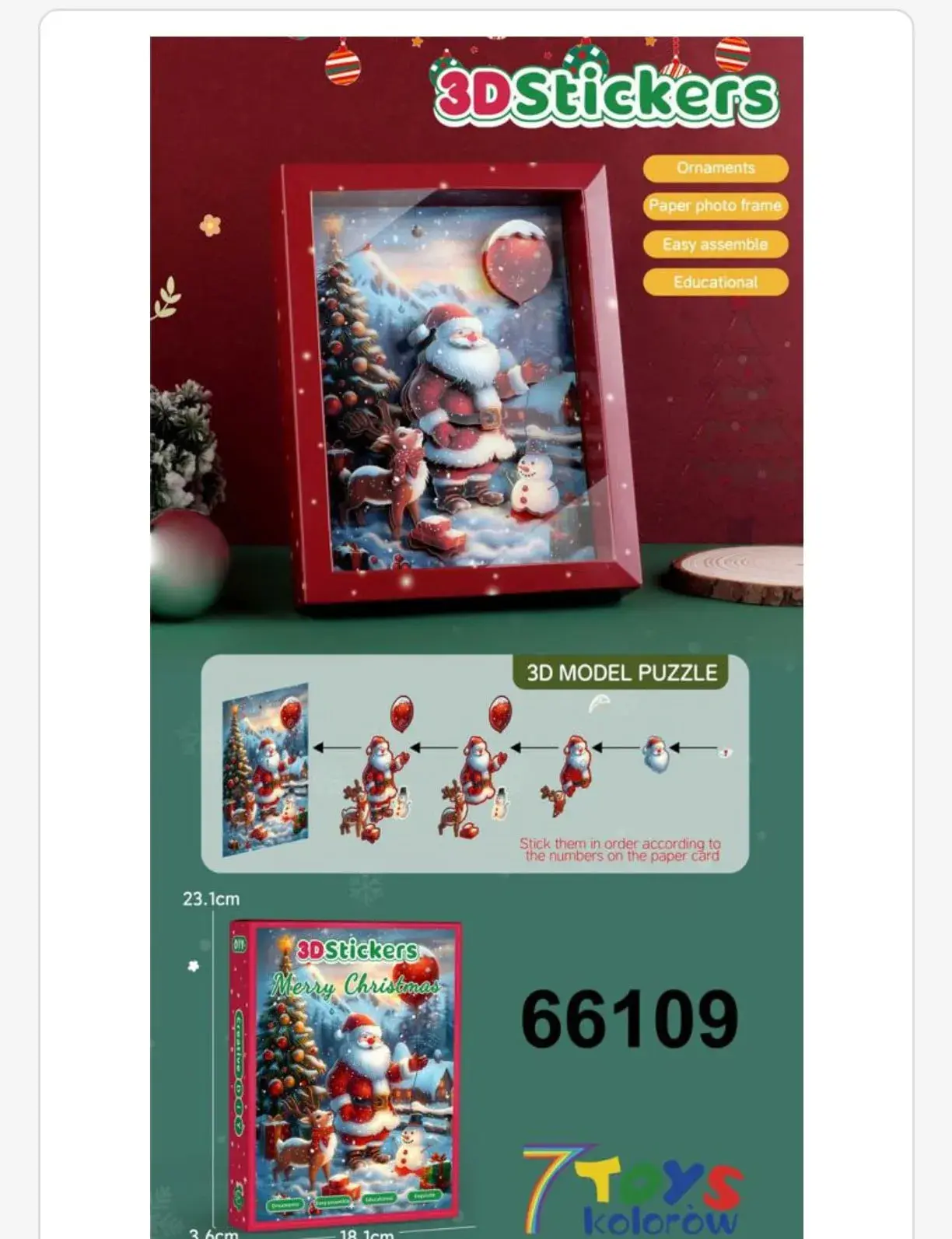 Puzzle 3D Stickers Merry Christmas 23x15 cm