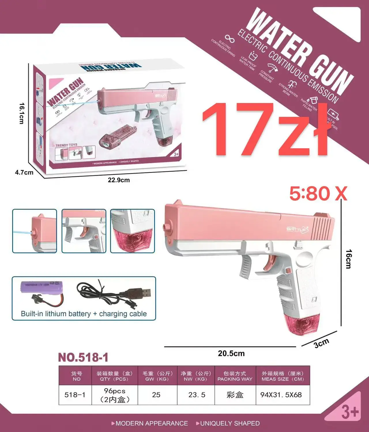 Pistolety Wodne Elektryczne 20.5cm, Akumulator USB, Różowy