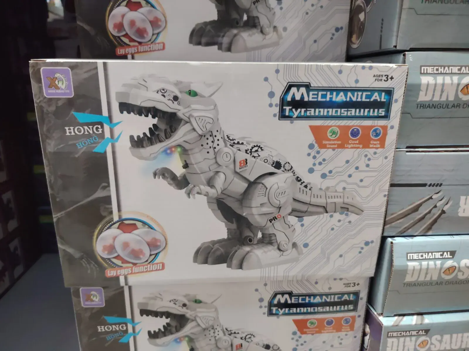 Mechaniczny Tyranozaur Biały z Zielonymi Oczami