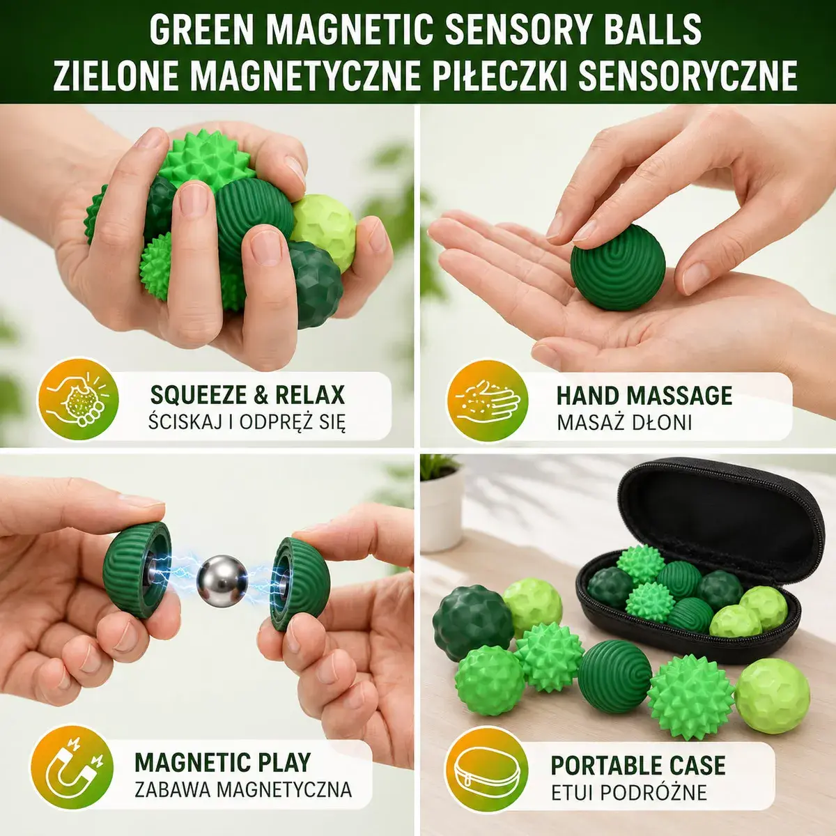 Zielone magnetyczne piłeczki sensoryczne antystresowe z etui