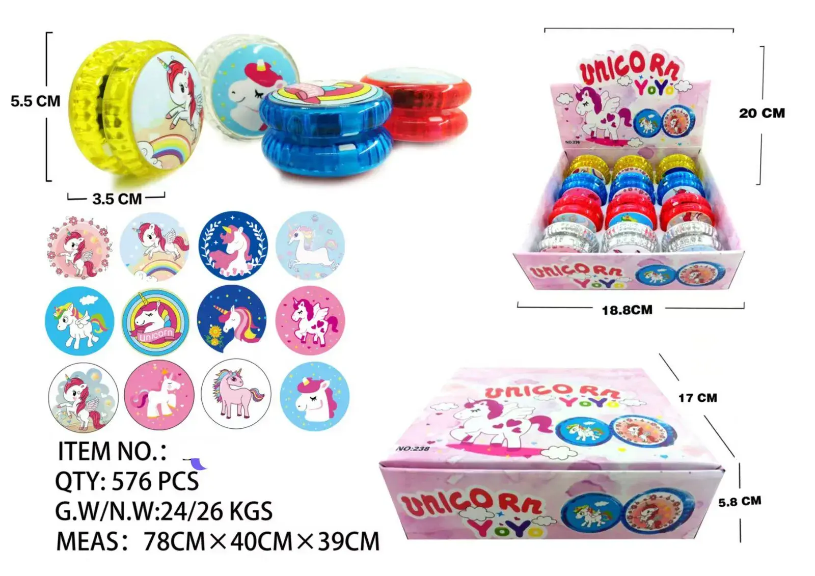 Zabawki YOYO Unicorn 3,5 cm z brokatem, opak. 12 szt