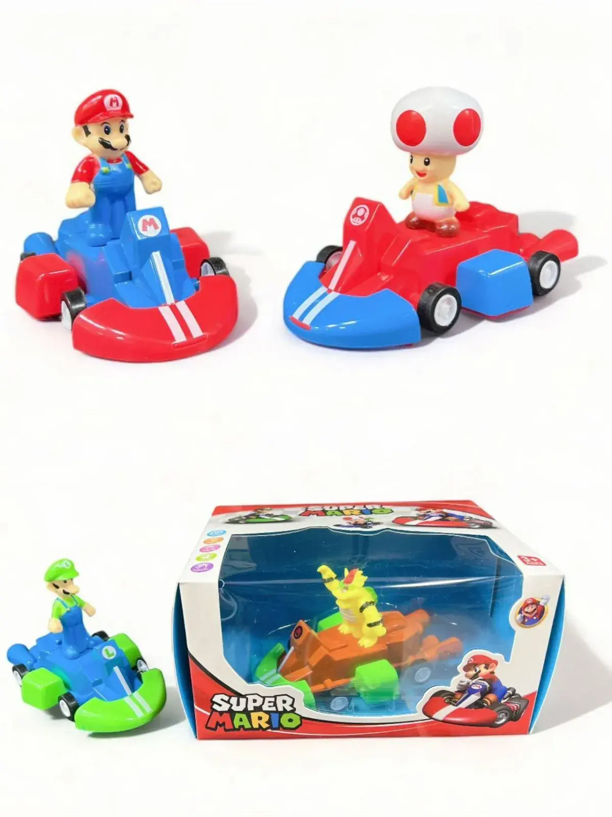 Zabawki Super Mario - mini gokarty z figurkami Mario, Luigi