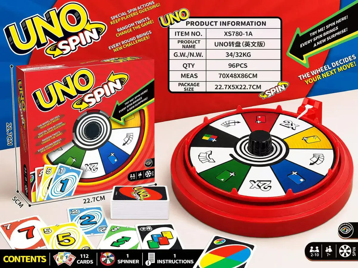 Gra karciana UNO Spin z obrotowym spinnerem 22,7x22,7x5 cm