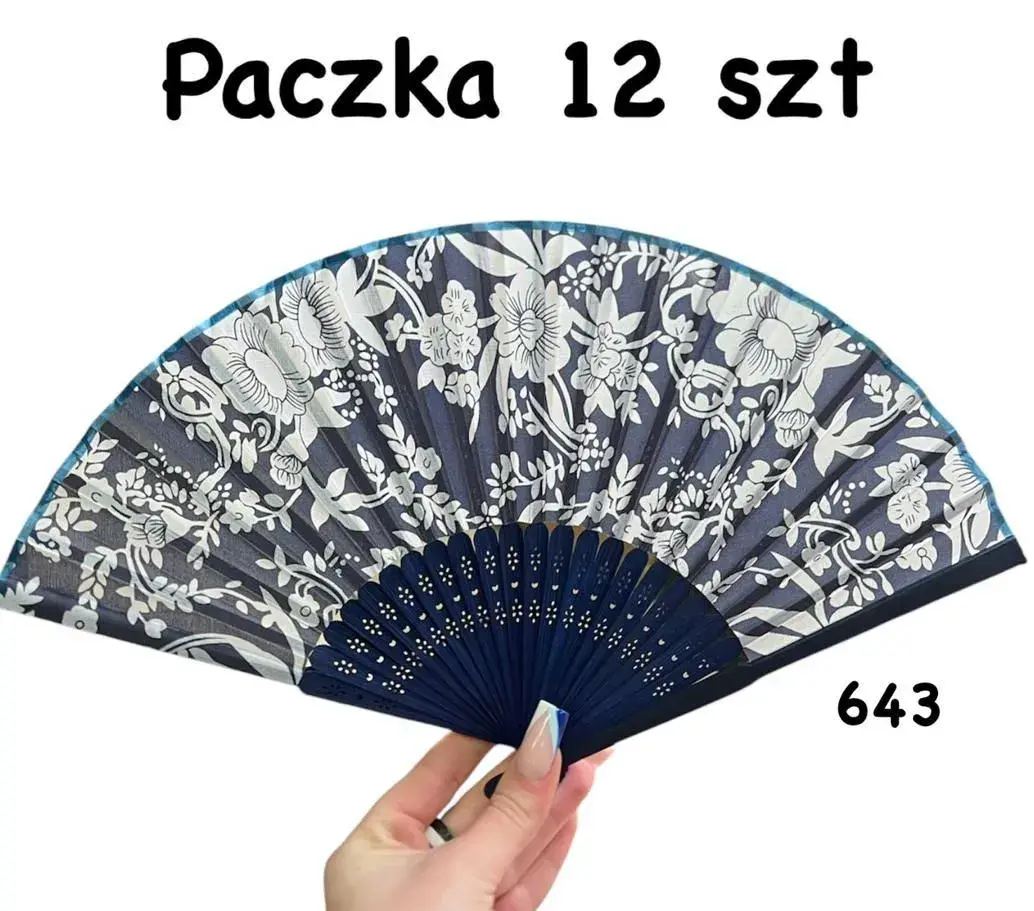 Wachlarz składany granatowy z kwiatowym wzorem