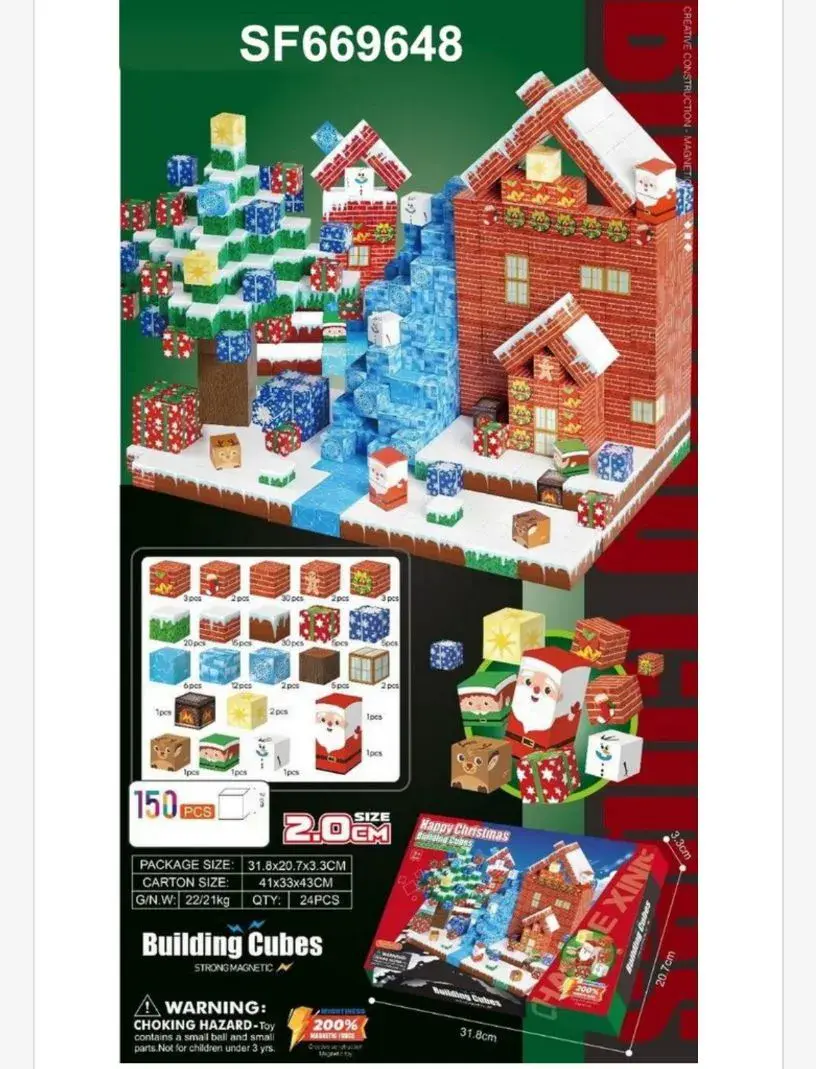 Kostki Magnetyczne Budowlane Happy Christmas 150 szt 20cm Zestaw Świąteczny