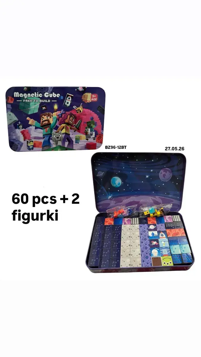 Klocki Magnetyczne Kosmiczne 60 el. z Figurkami Minecraft w Pudełku Metalowym
