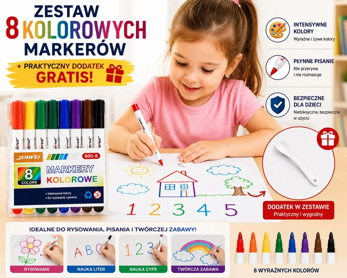 Zestaw 8 kolorowych markerów do rysowania i pisania z dodatkiem gratis
