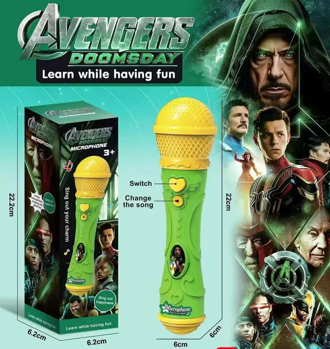 Mikrofon Avengers Doomsday zielono-żółty 22 cm dla dzieci 3+