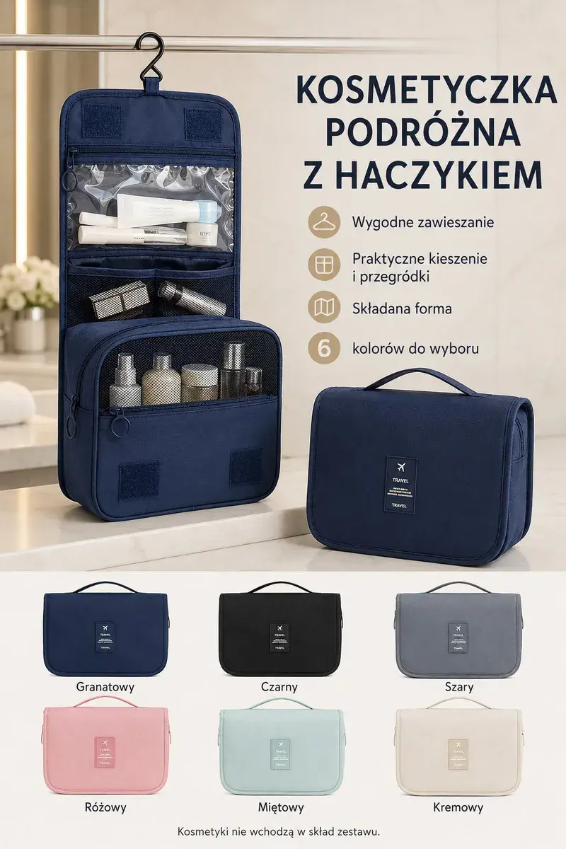 Kosmetyczka podróżna z haczykiem granatowa z przegródkami