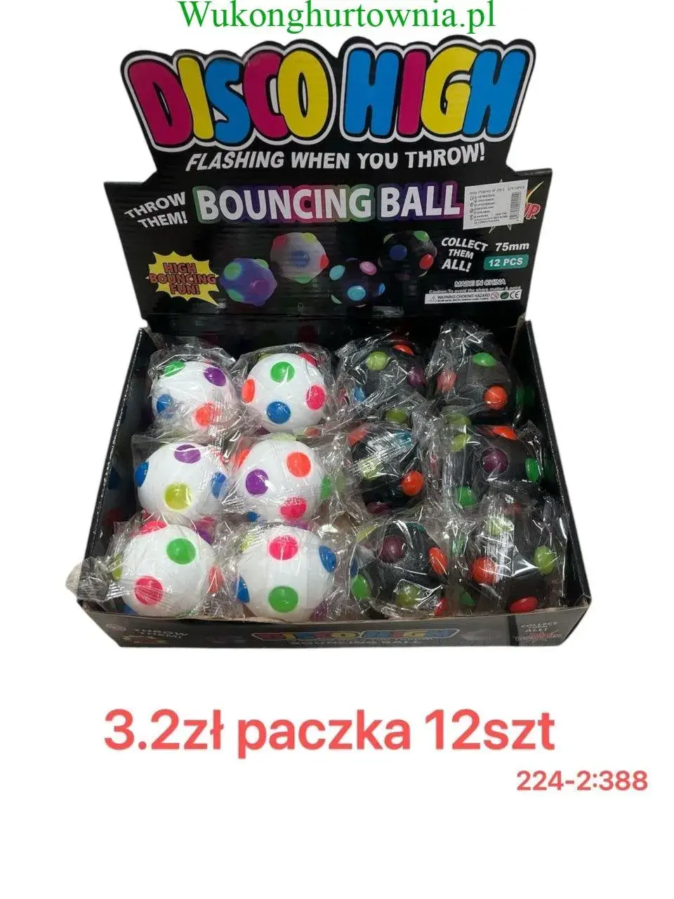 Piłka Bouncing Ball LED 75mm Disco High Świecąca 12szt