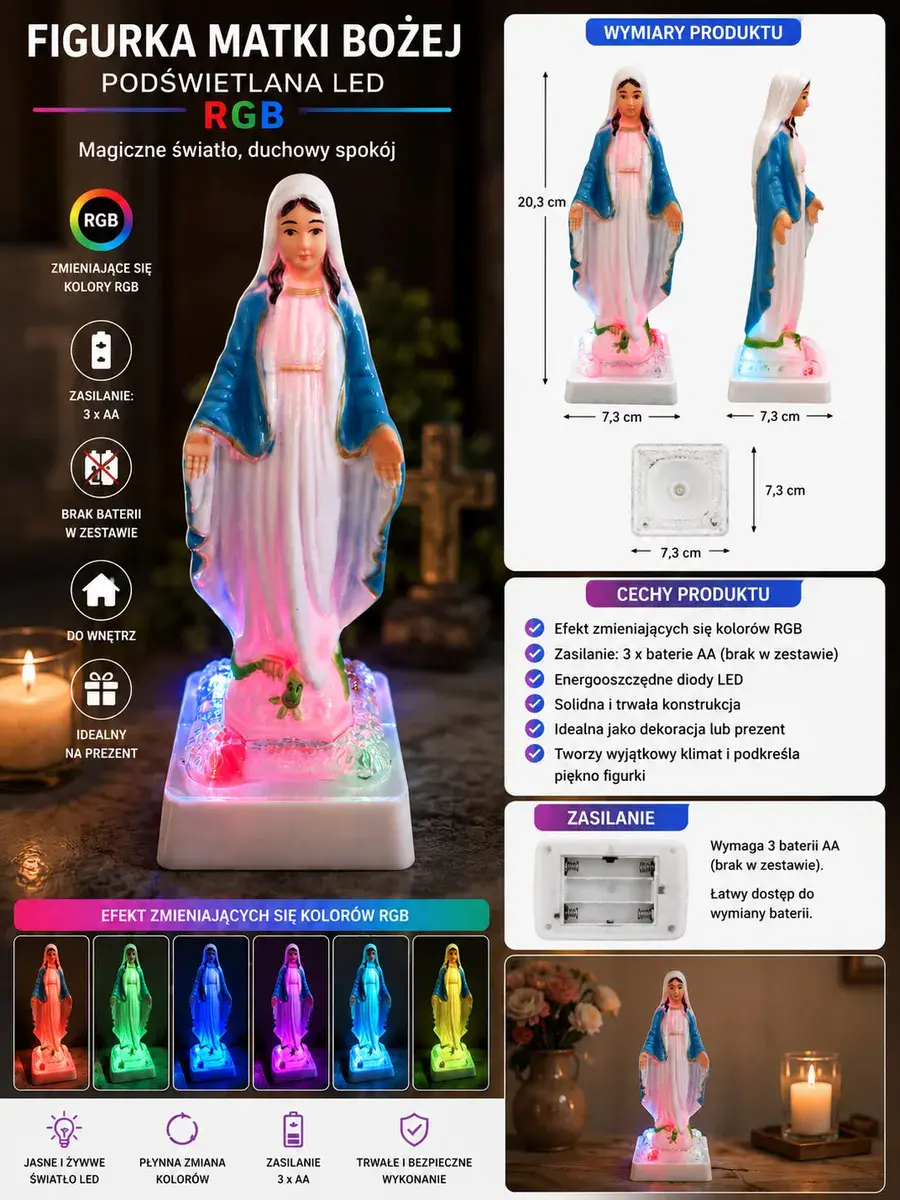 Figurka Matki Bożej podświetlana LED RGB 20,3 cm z efektem zmiany kolorów