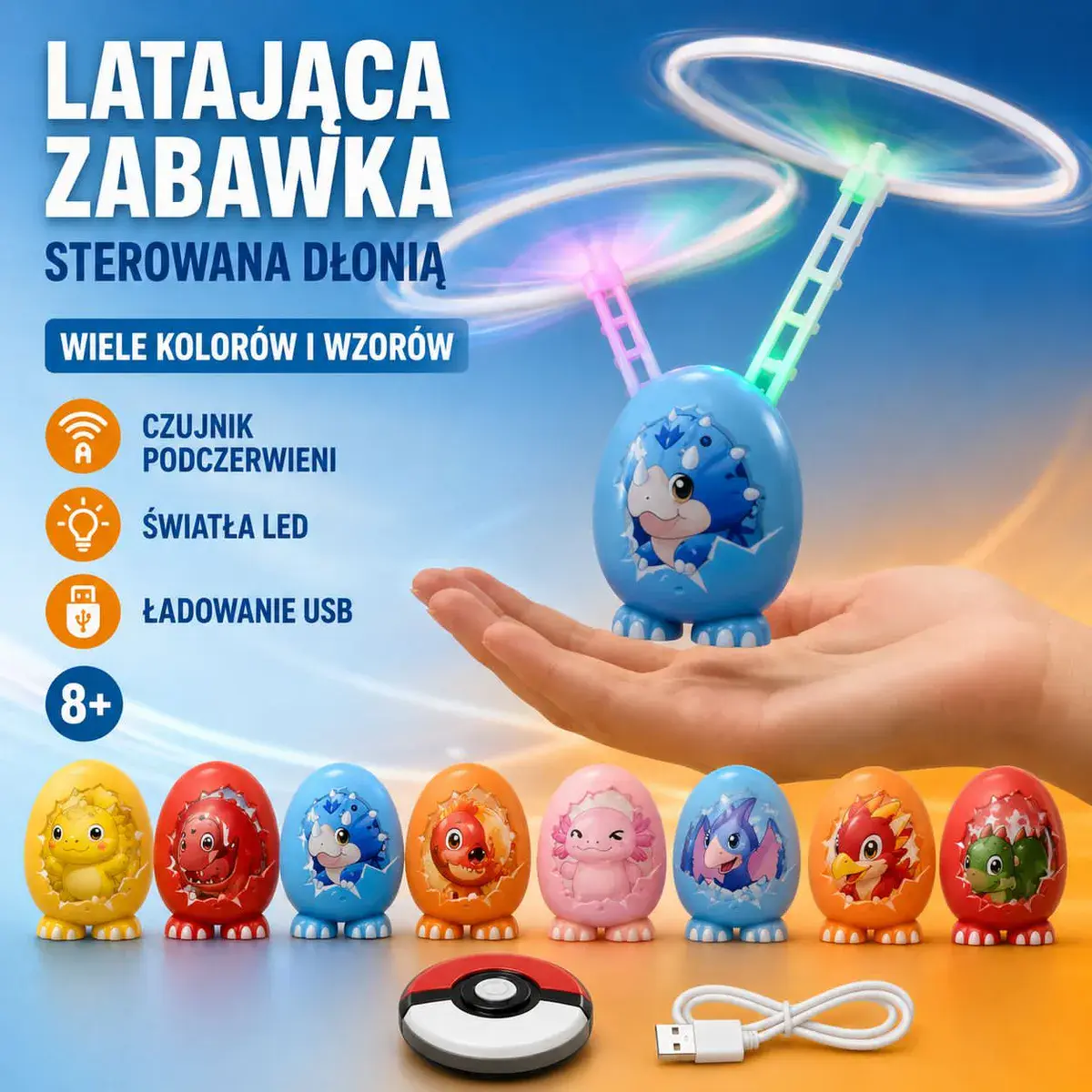 Latająca zabawka sterowana dłonią z LED i ładowaniem USB