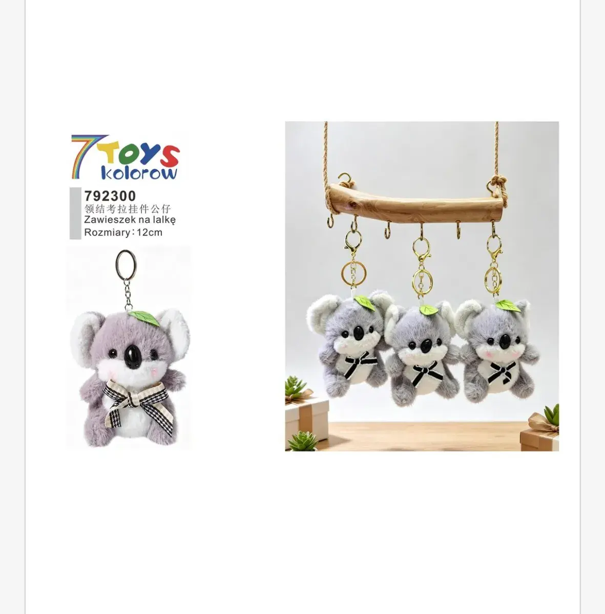 Pluszowy brelok koala szary 12 cm z kokardką i listkiem