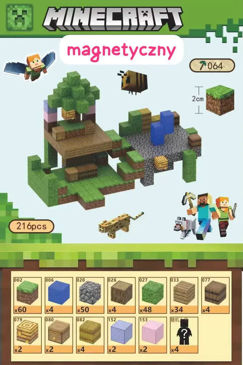 Magnetyczny zestaw klocków Minecraft 216 elementów 2 cm