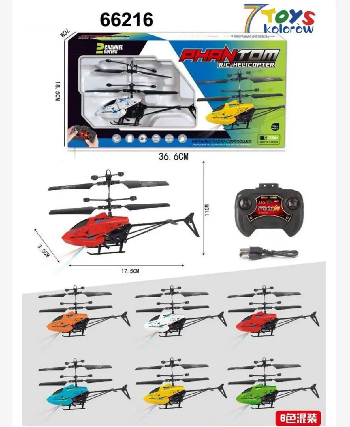 Helikopter Sterowany Phantom RC 17.5cm 2CH USB Mix Kolorów