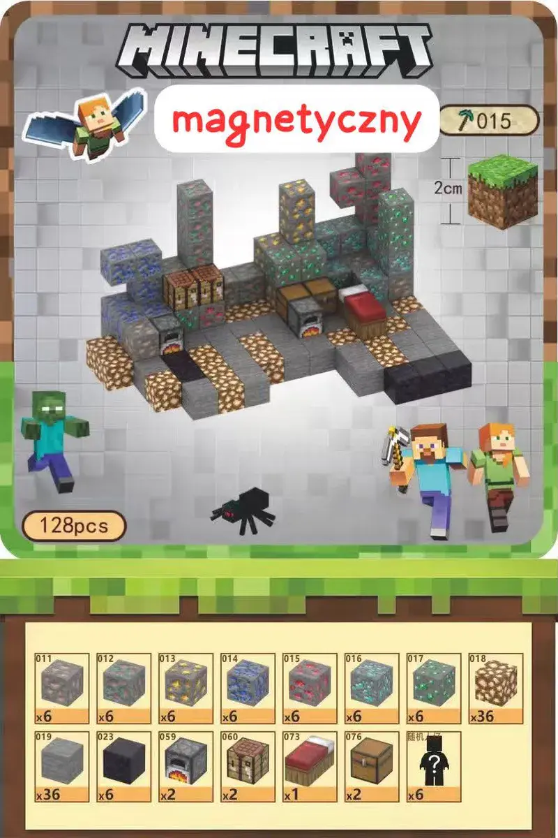 Magnetyczny zestaw klocków Minecraft 128 elementów 2cm