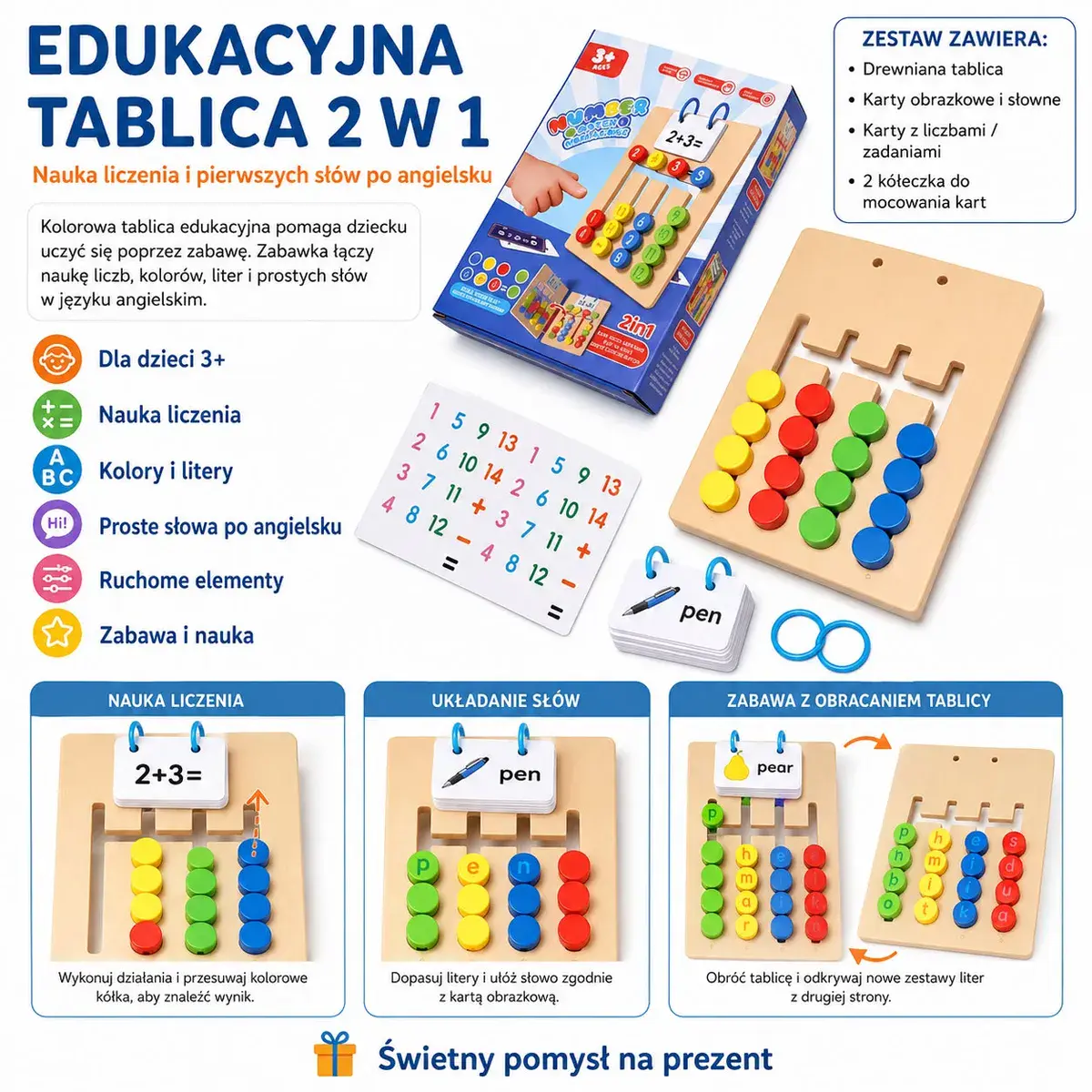 Edukacyjna tablica 2w1 do nauki liczenia i angielskich słówek