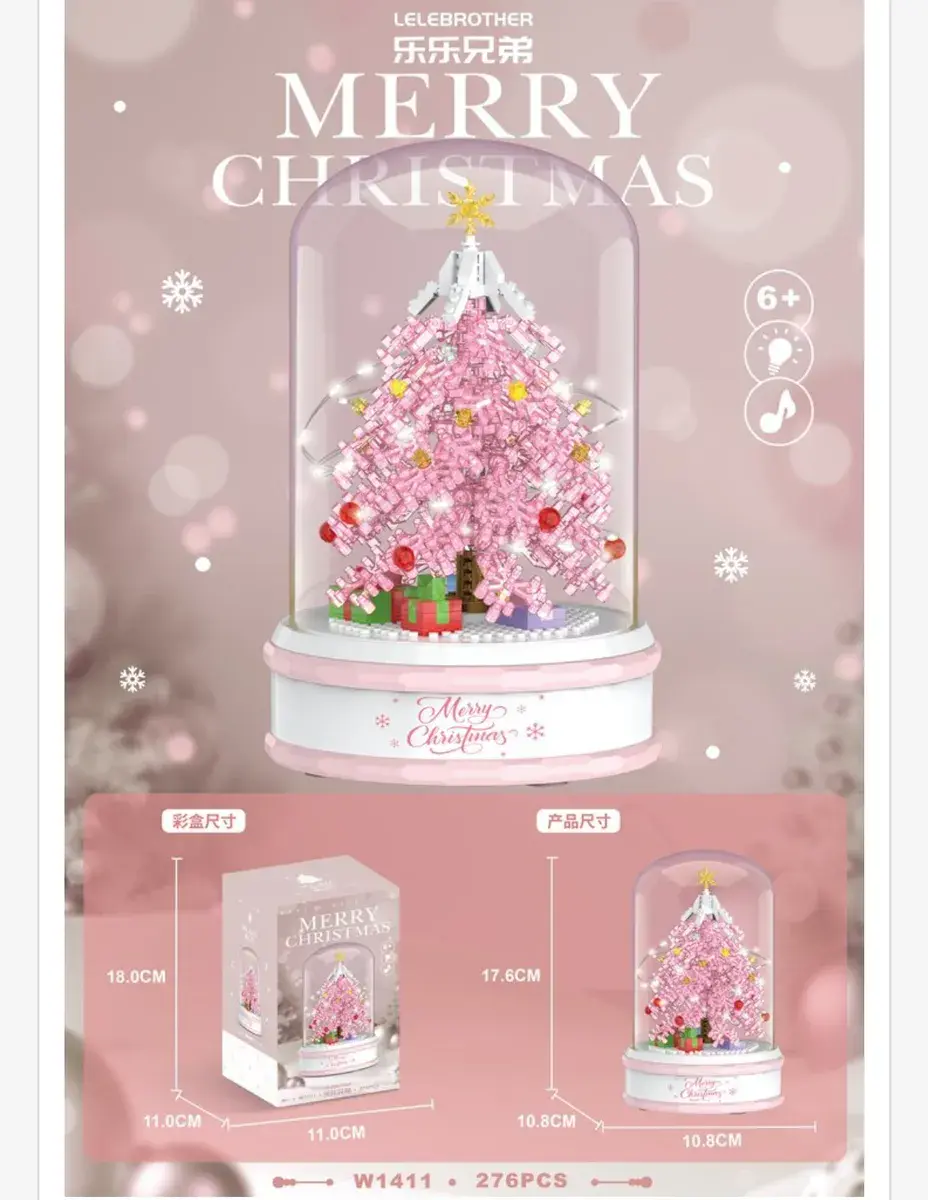 Klocki choinka różowa Merry Christmas 276 elementów LED muzyka