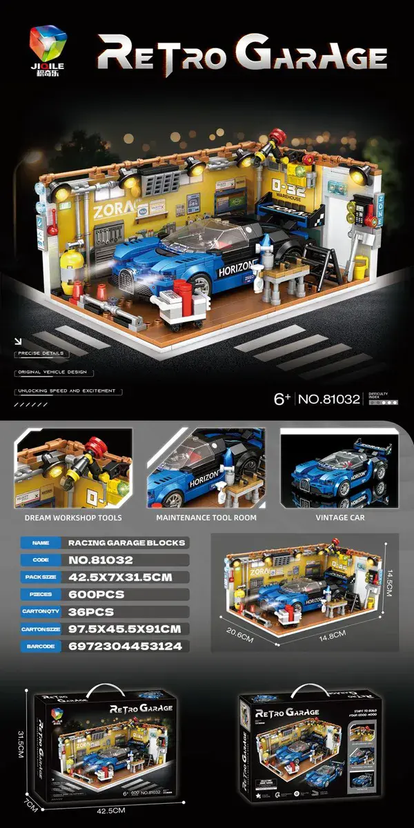Klocki Retro Garage Racing Garaż z niebieskim samochodem 600 elementów