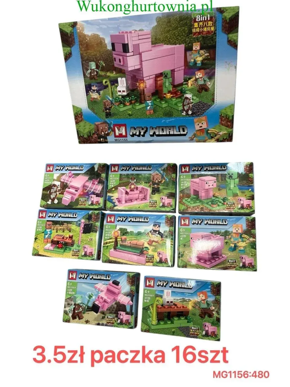 Klocki My World 16 szt - Zestaw Konstrukcyjny 8w1 Motyw Świnka
