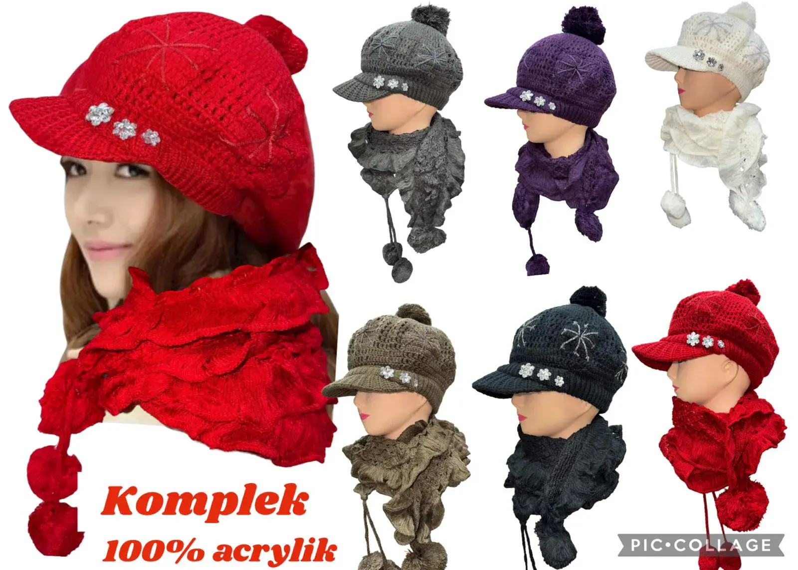 Komplet Czapki + Szaliki Damskie 100% Akryl