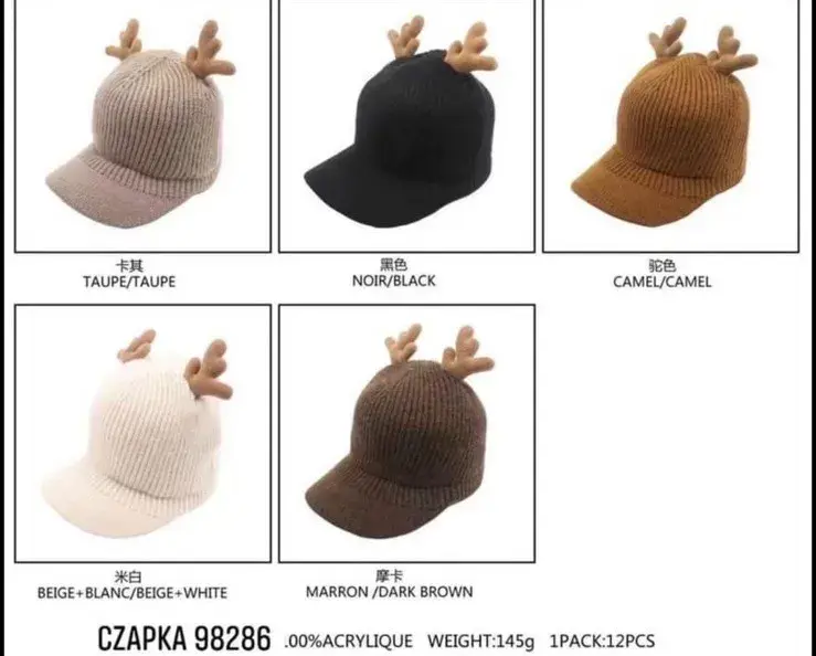Czapki damskie beanie z rogami renifera 6 kolorów