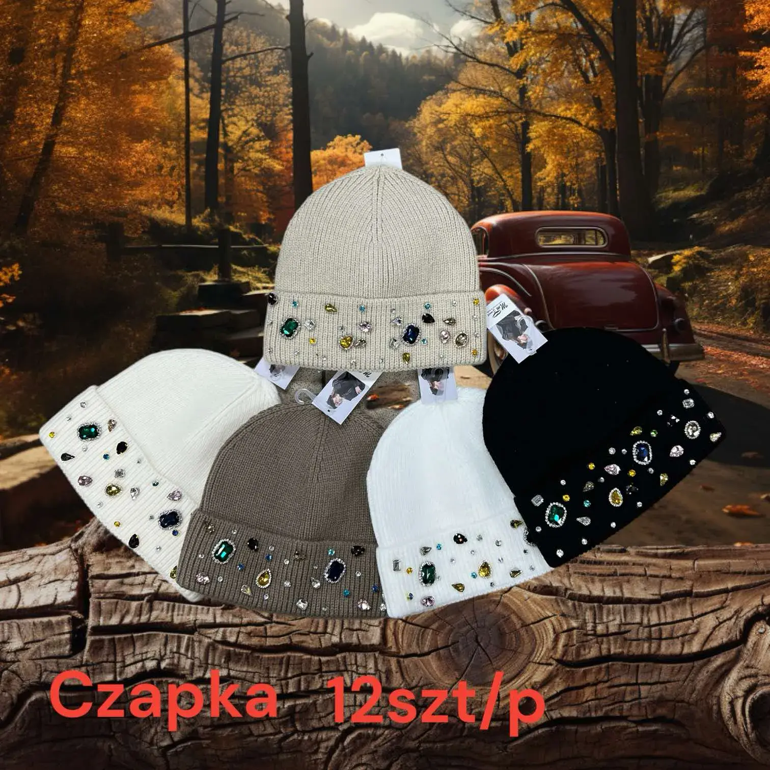 Czapka damska beżowa z kryształkami, op. 12 szt