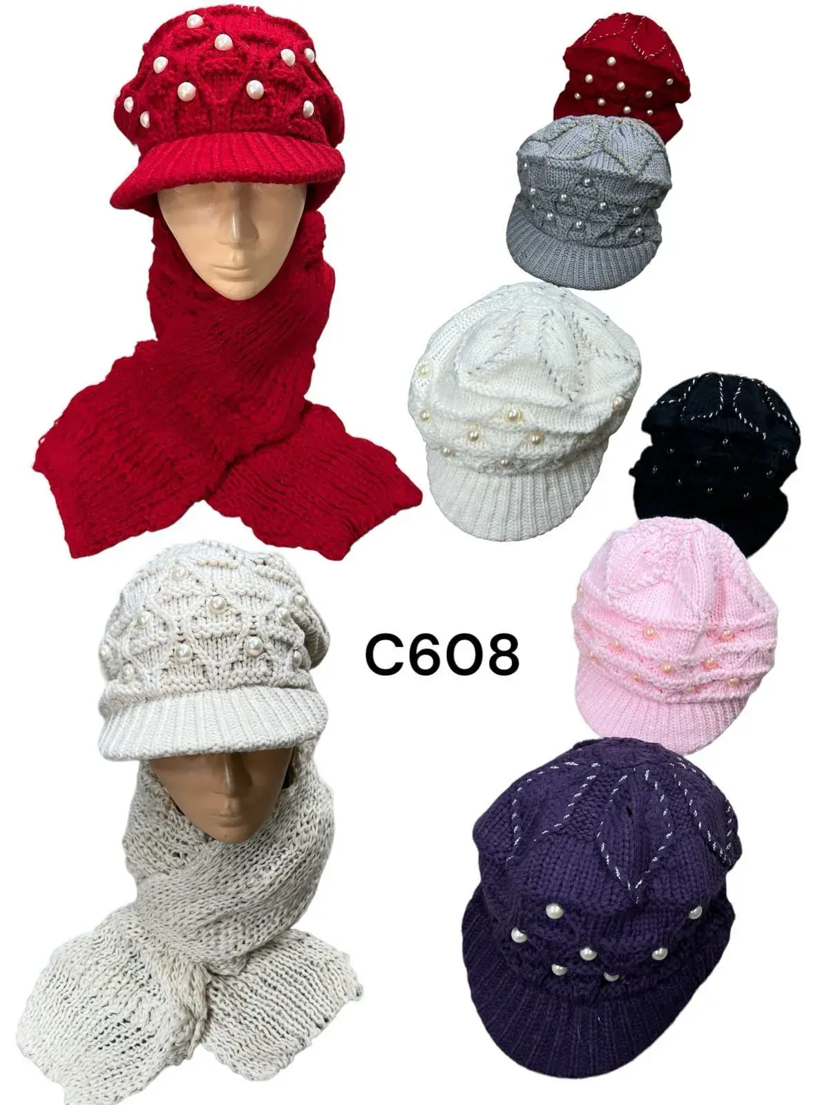 Czapka damska dzianinowa z perełkami C608