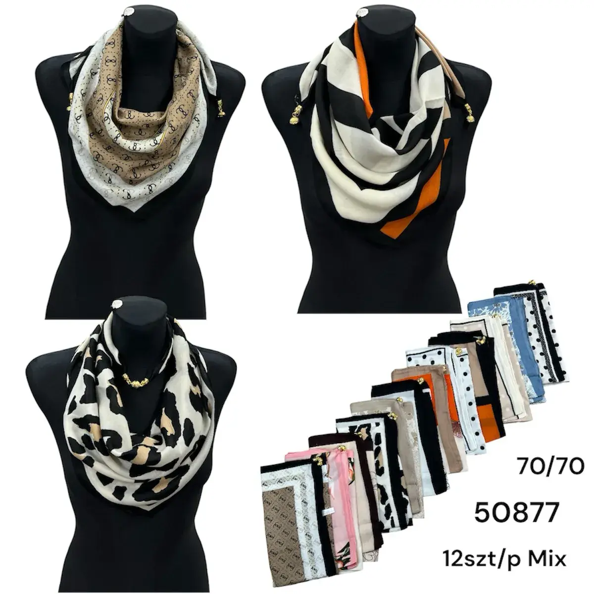 Chusty damskie mix wzorów 70x70 cm z ozdobnym chwostem