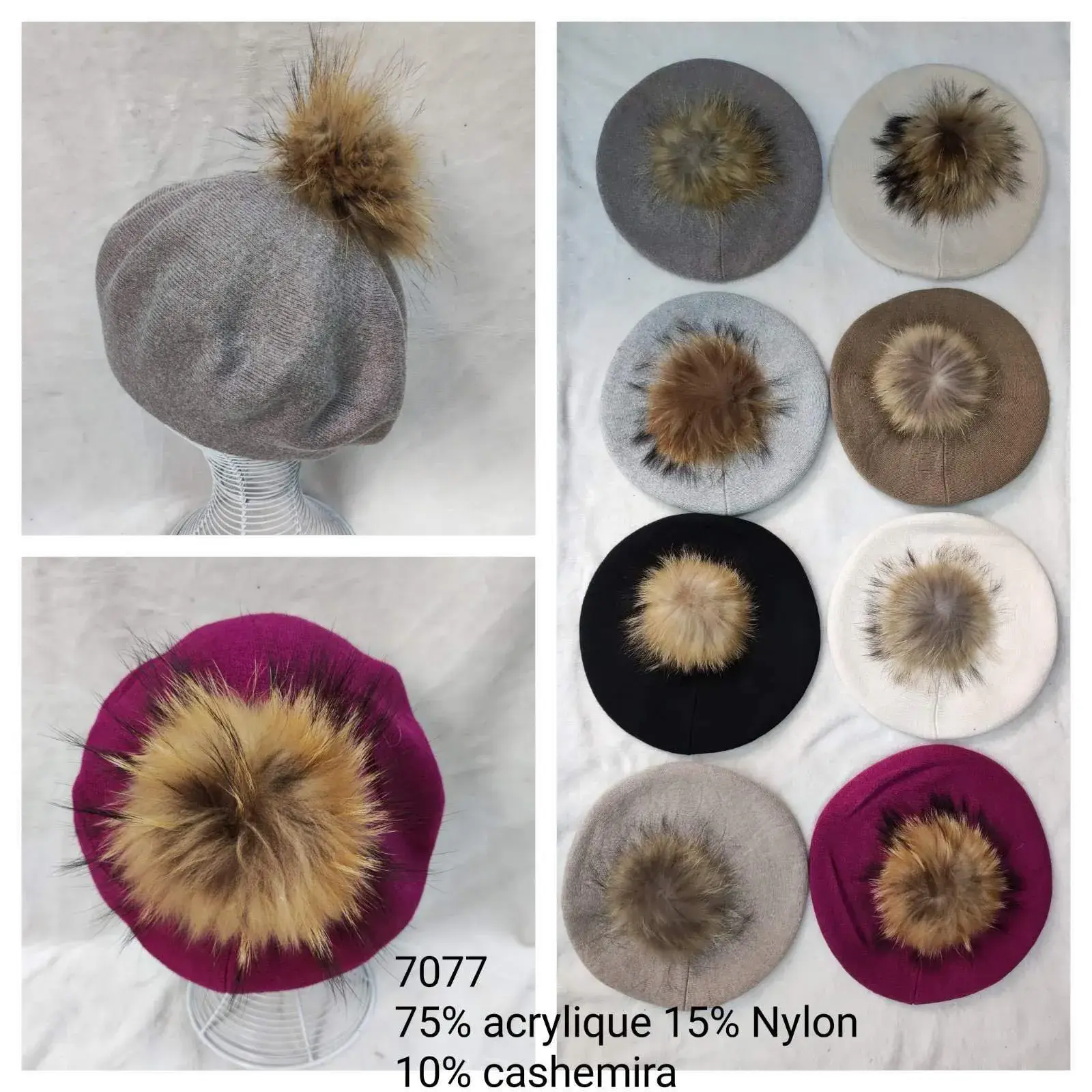 Czapki damskie beanie z pomponem 70% akryl 25% nylon 5% kaszmir