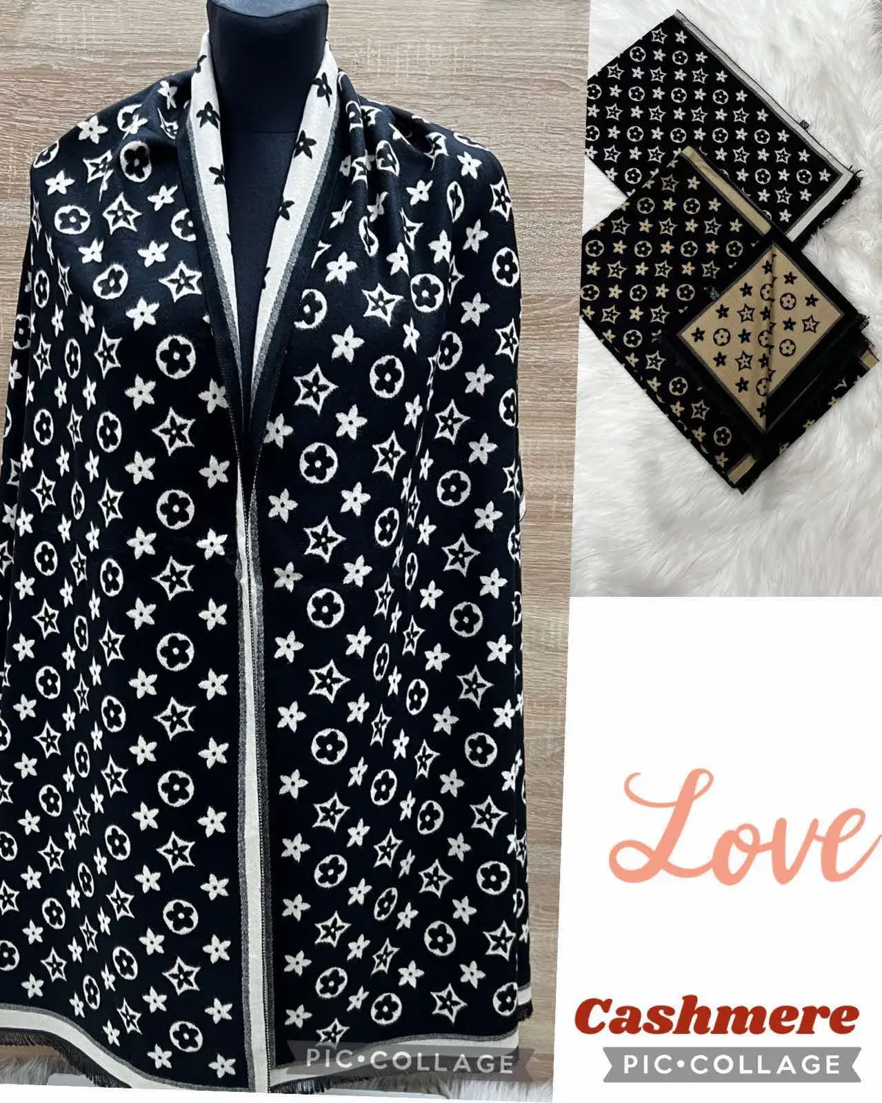 Szaliki damskie czarne z białymi gwiazdami Love Cashmere