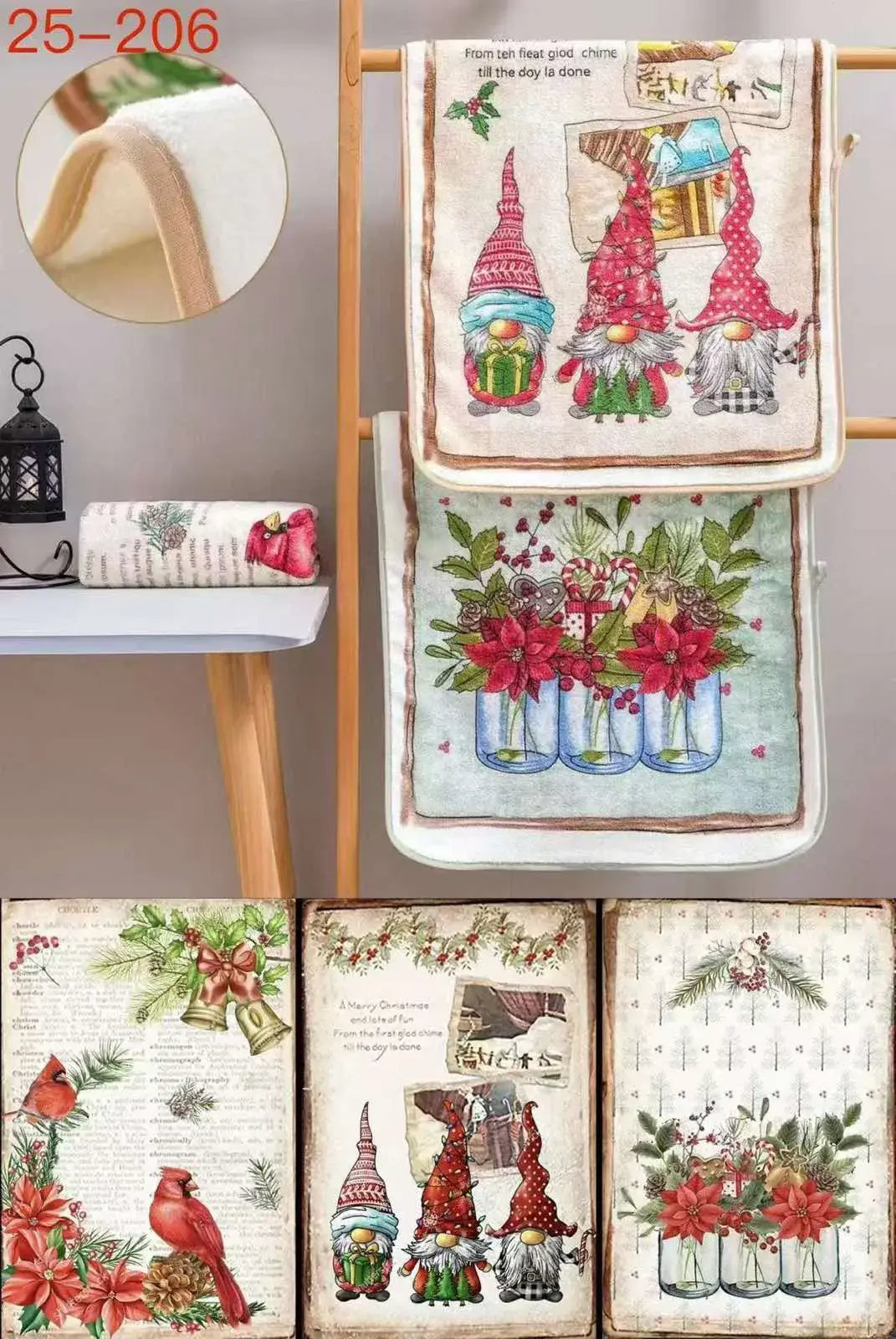 Ścierki Świąteczne z motywami GNOMÓW i POINSETTIAMI