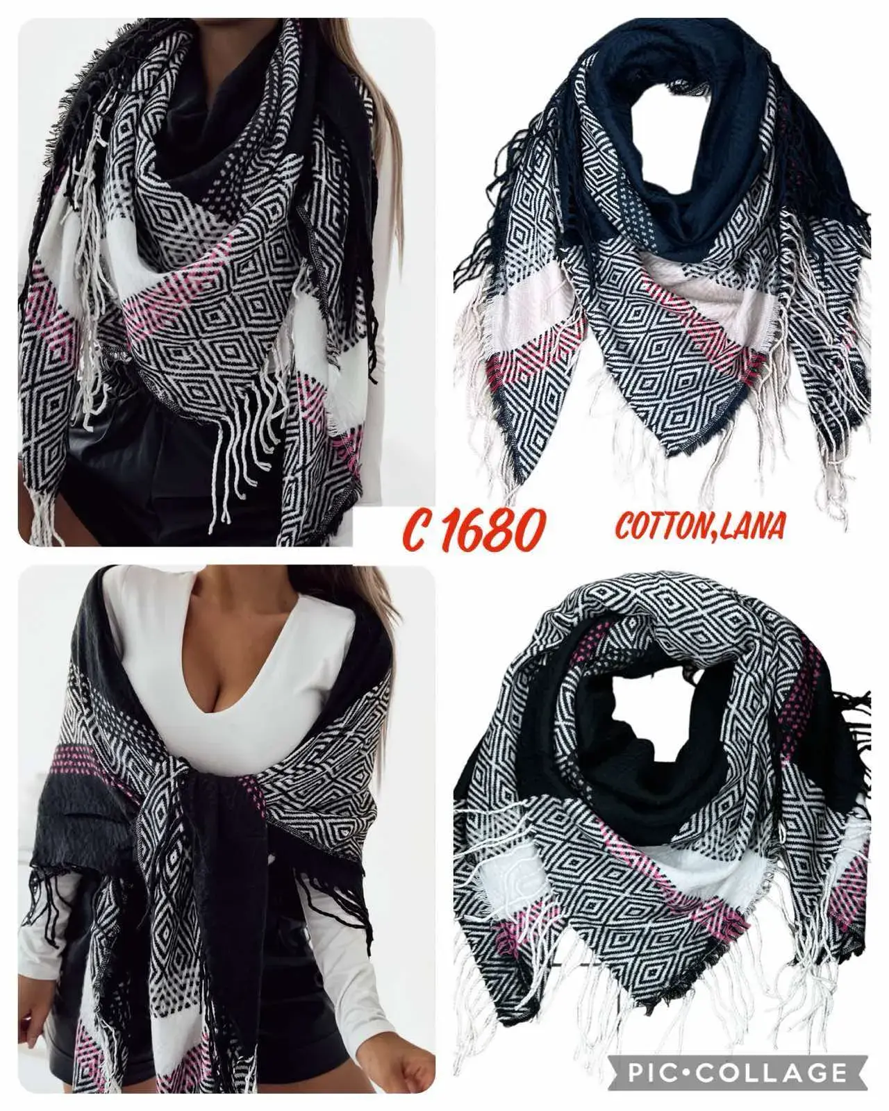 Szaliki damskie C168 Cotton Lana wzór geometryczny