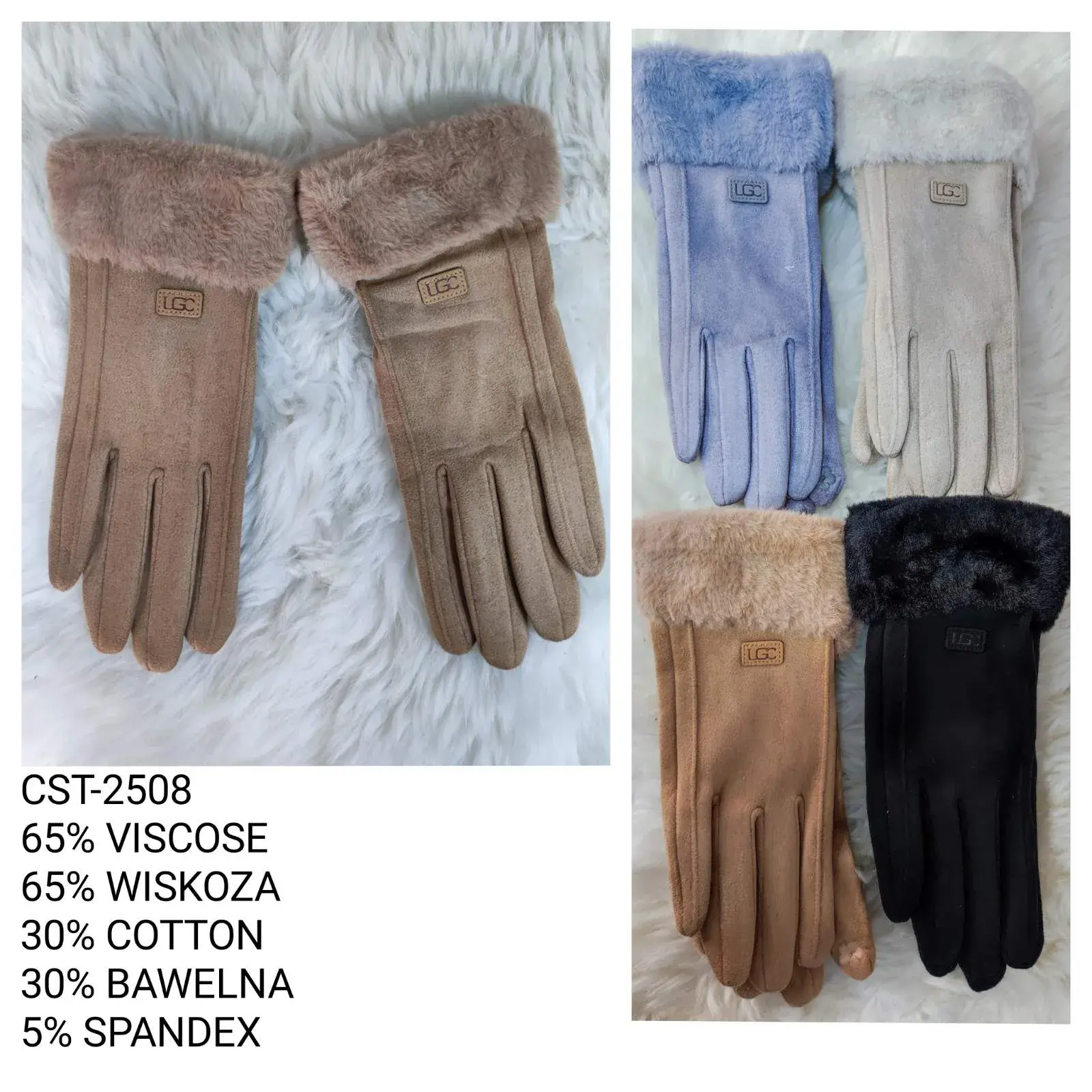 Rękawiczki damskie futrzane 60% wiskoza 30% bawełna 10% spandex