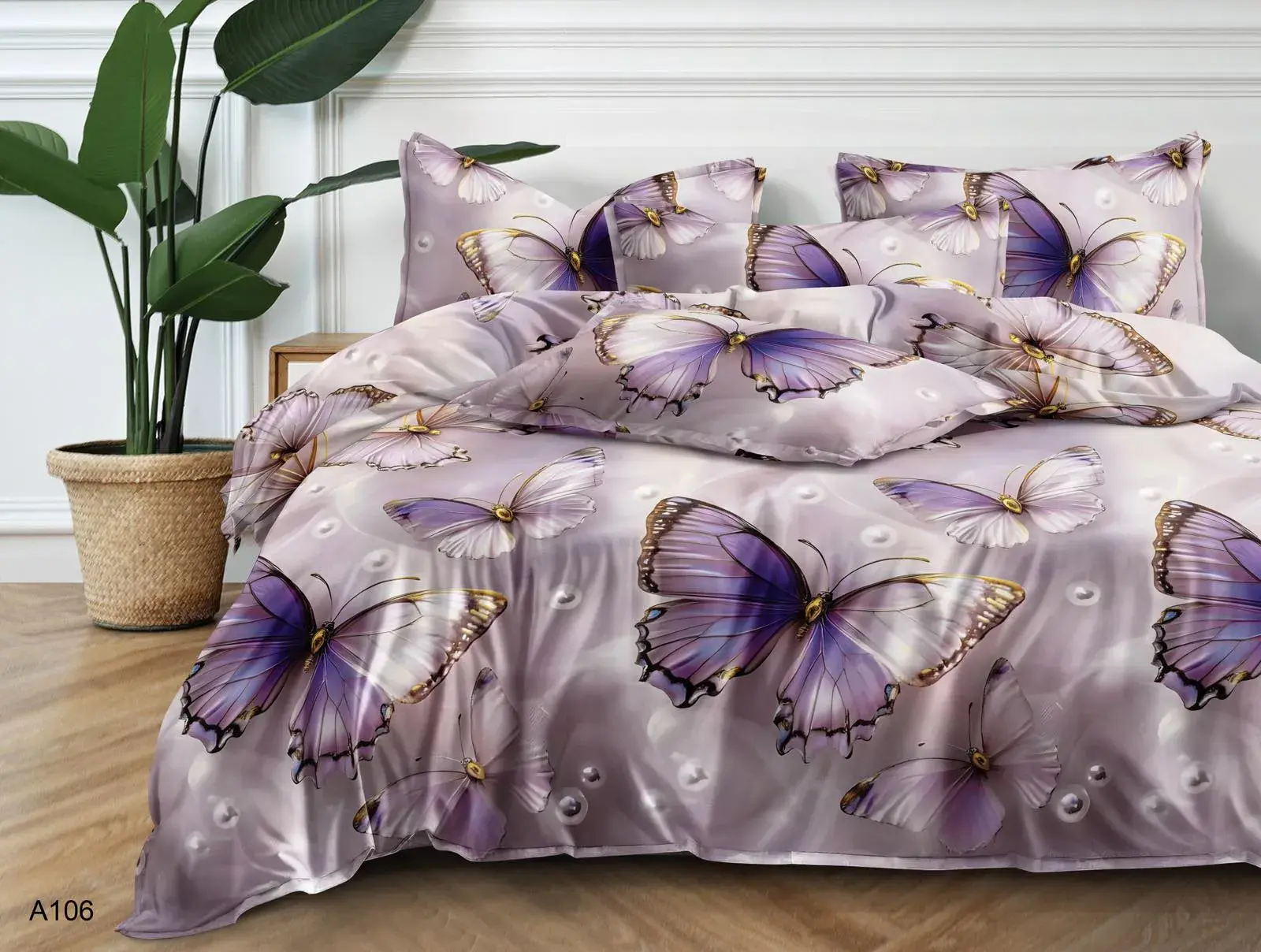 Pościel Satyna Bawełna 3cz 160x200 Motyl Fioletowy