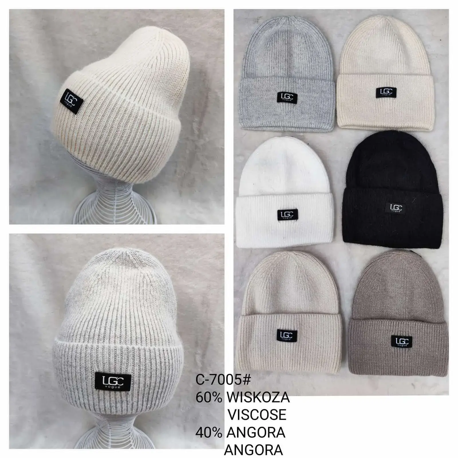 Czapki damskie beanie 60% wiskoza 40% angora 6 kolorów