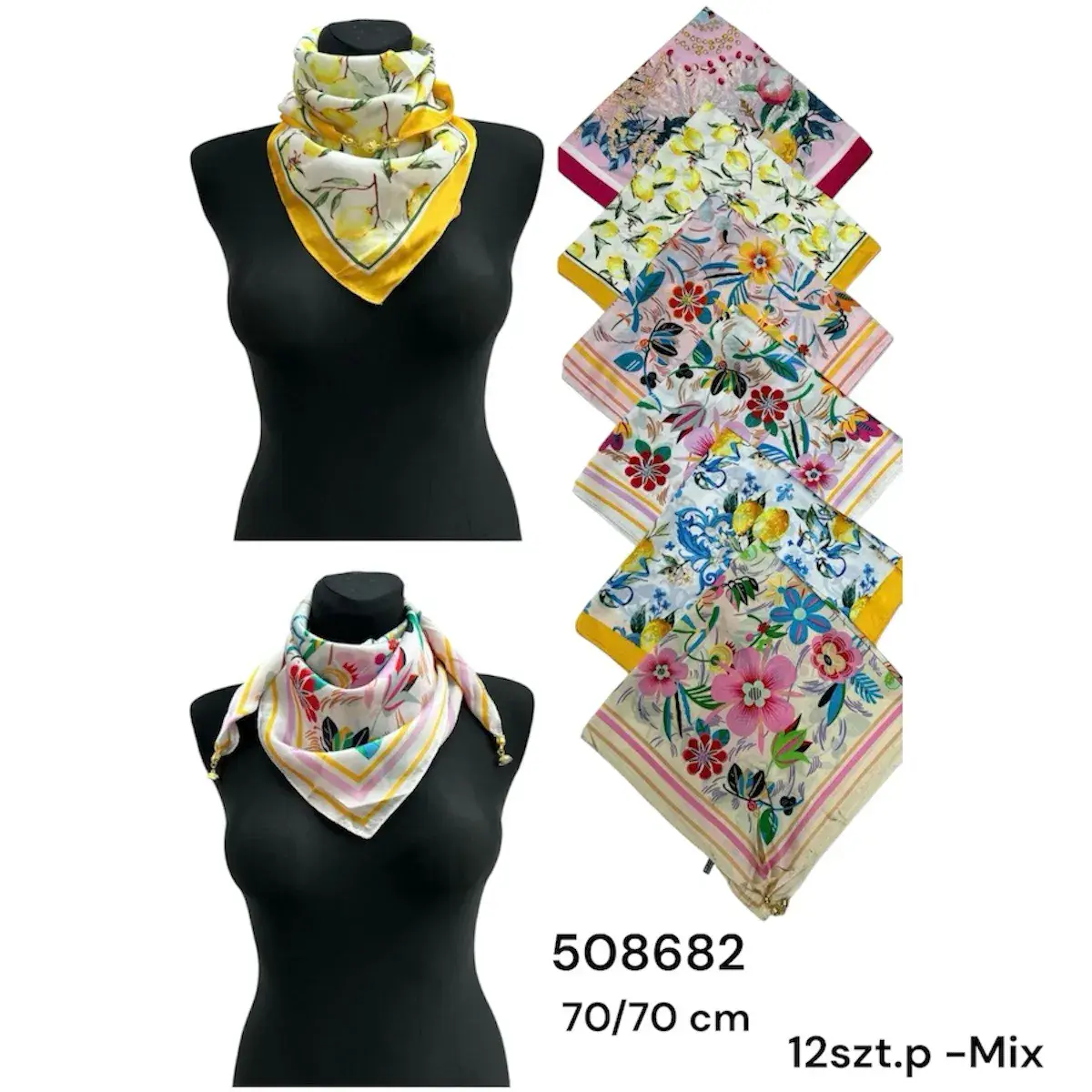 Chusta Damska Kwiatowa 70/70 cm Mix 12 szt