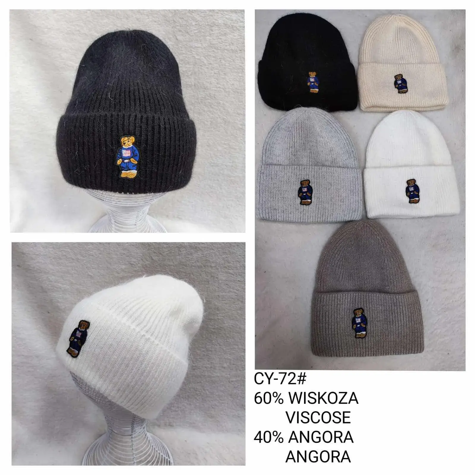Czapki damskie beanie z misiem 60% wiskoza 40% angora