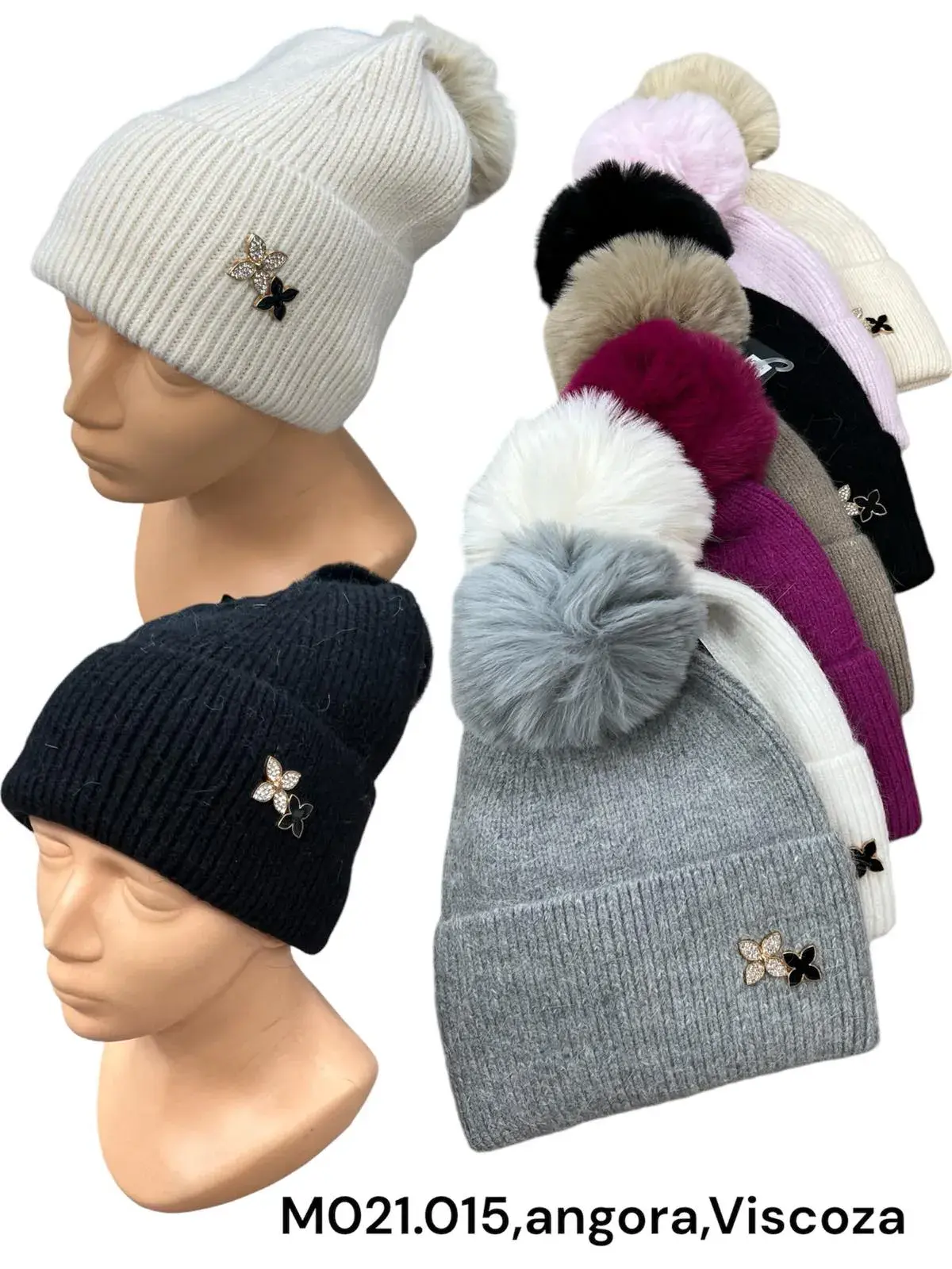 Czapki damskie z pomponem MO021.01, angora viscose