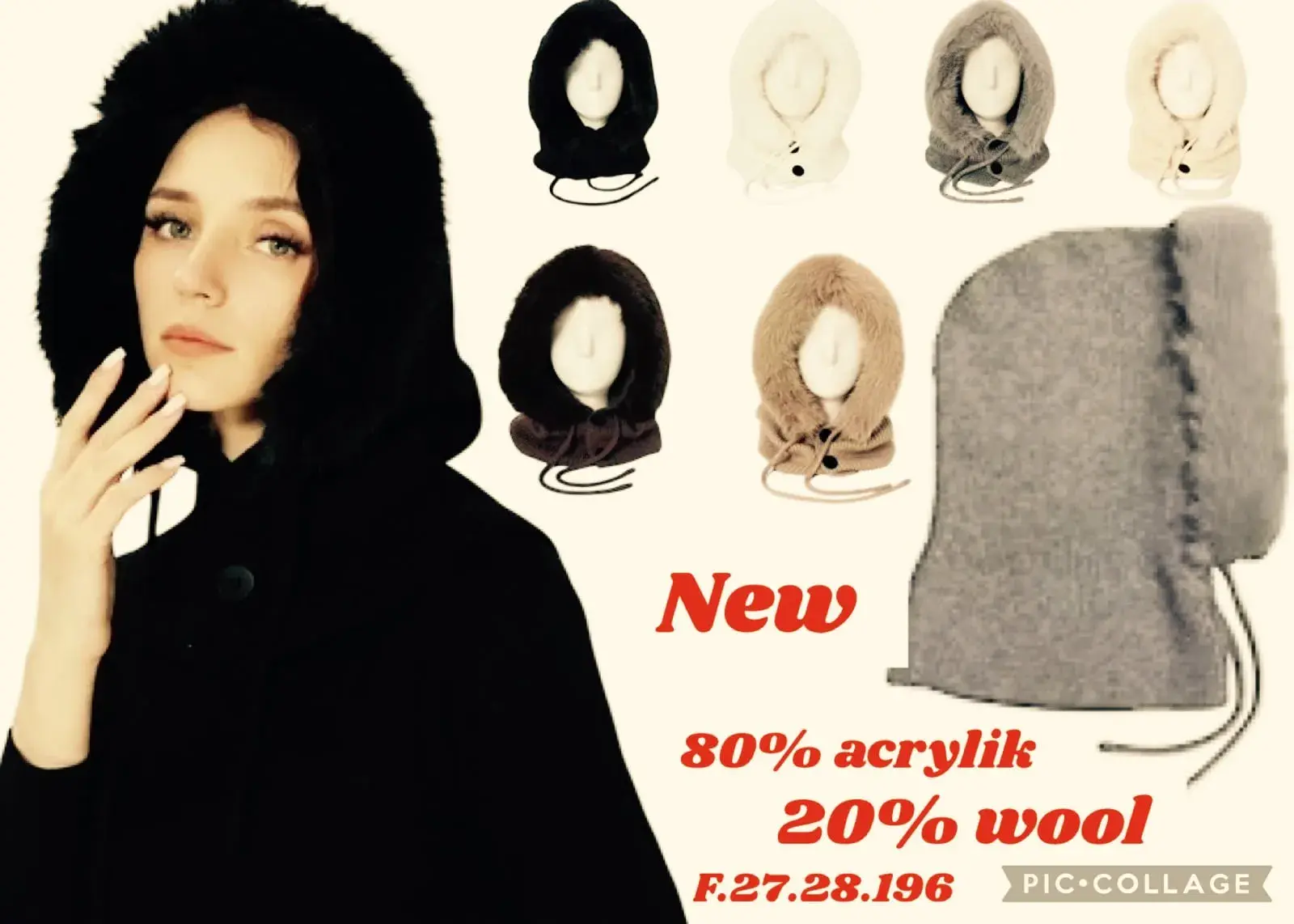 Czapki damskie futrzane z kapturem 80% akryl 20% wełna