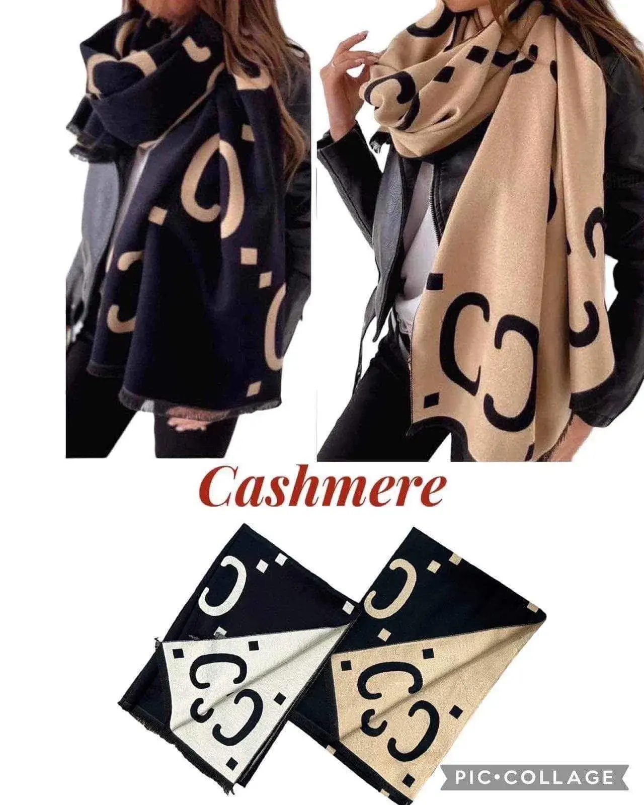 Szale damskie Cashmere beżowo-czarne z wzorem GG