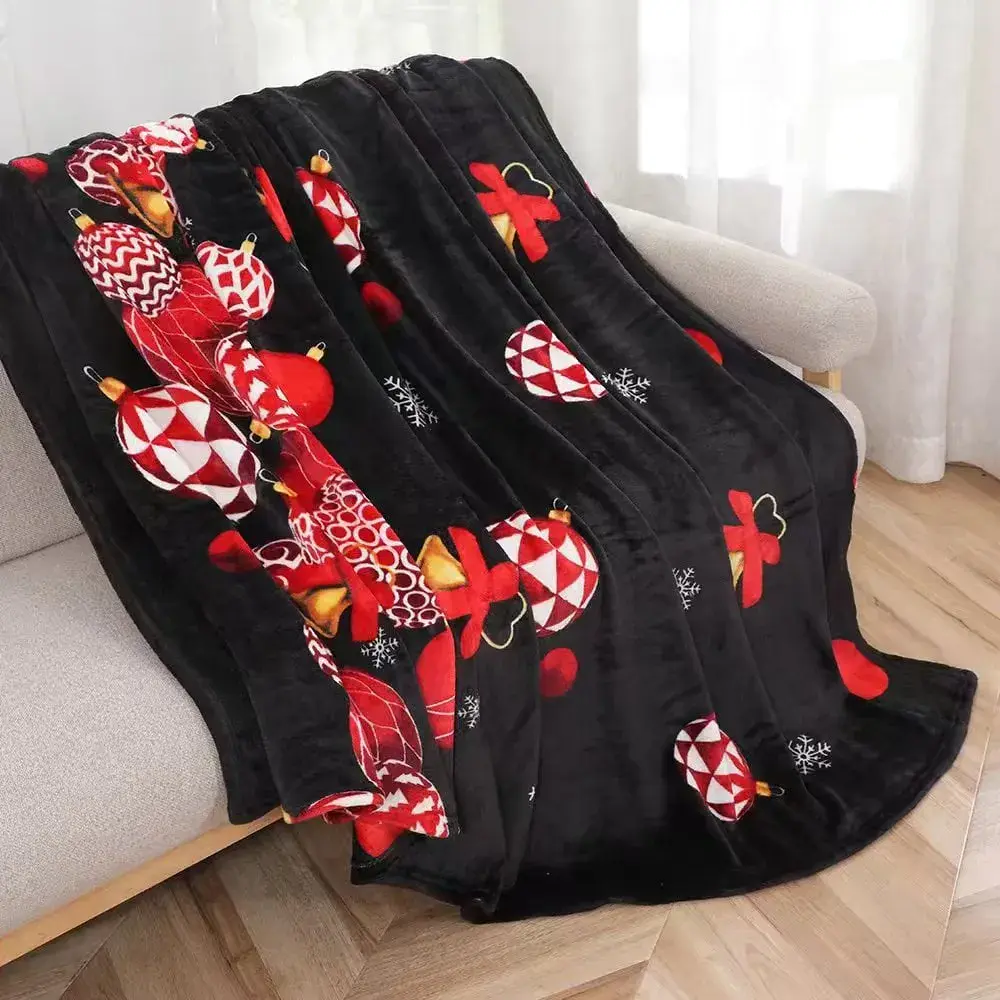 Koce świąteczne 160x200cm czarne z bombkami