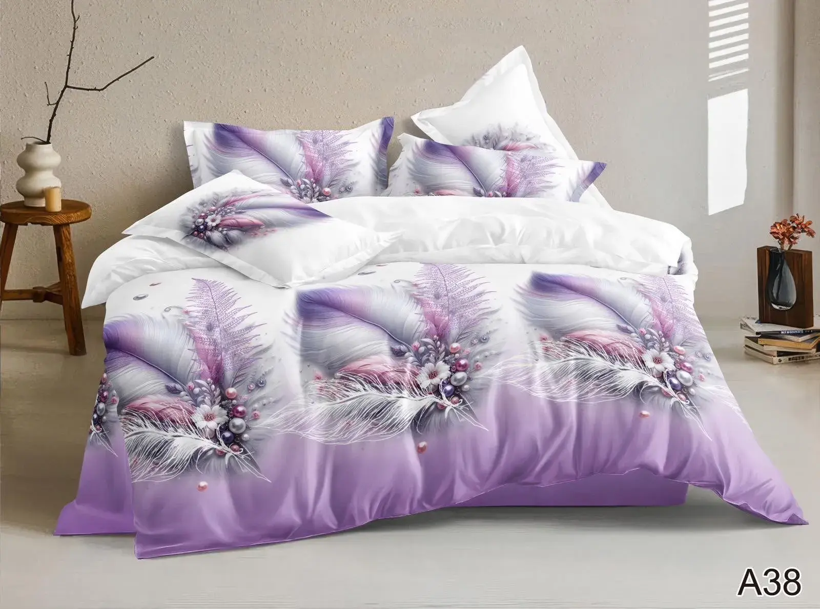 Komplet Pościel 4CZ 200/220 A38 Fioletowo-Biały Pióra