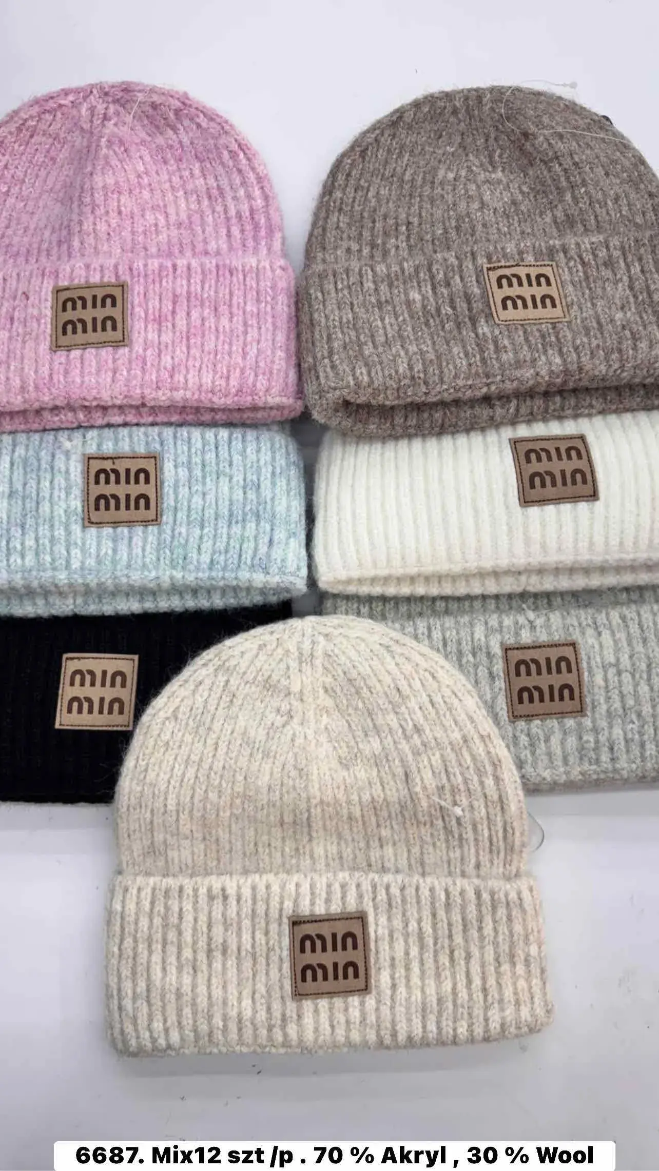 Czapki damskie beanie knit 70% akryl 30% wełna