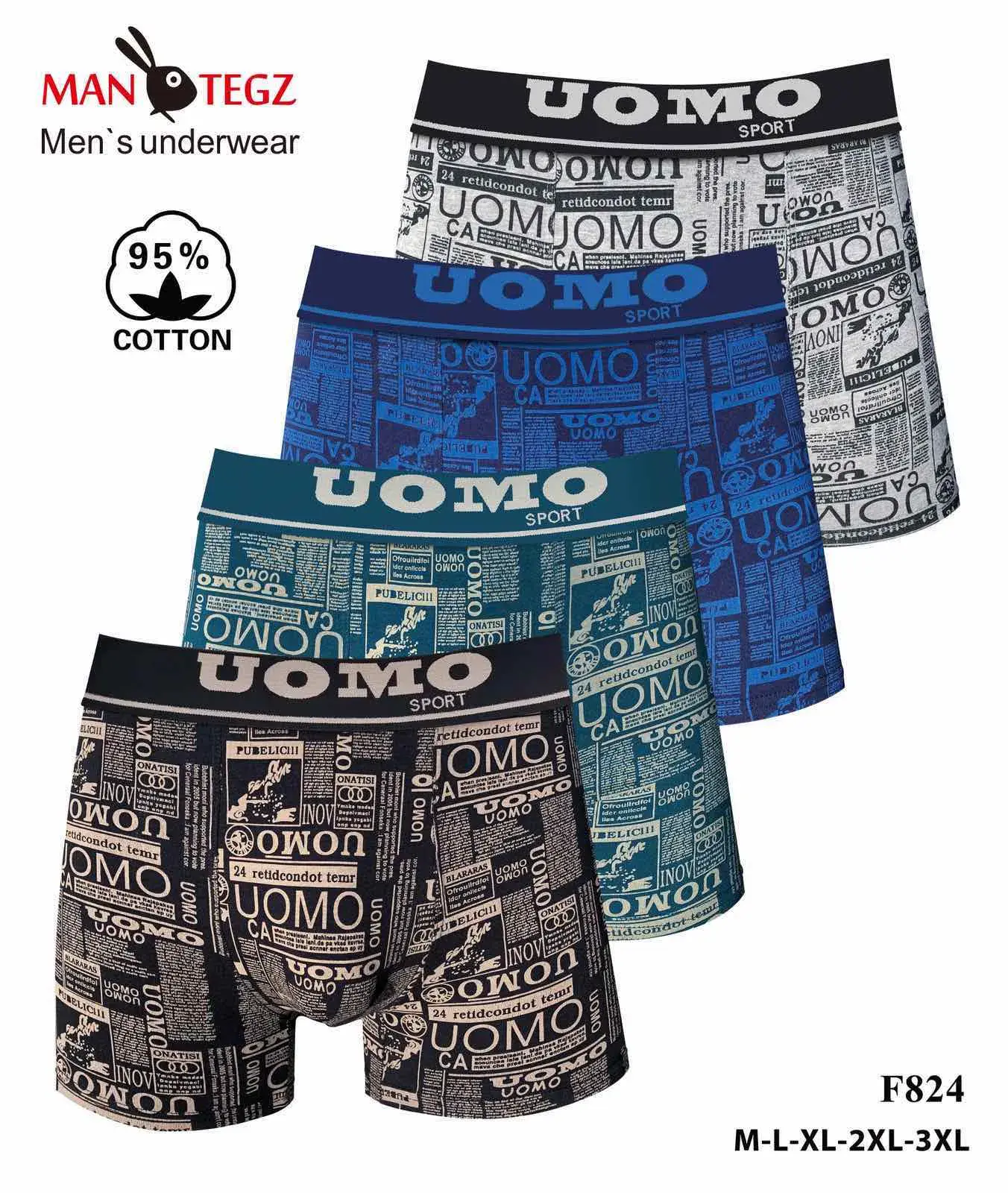Bokserki męskie UOMO Sport M-L-XL-XXL-XXXL 95% bawełna F824