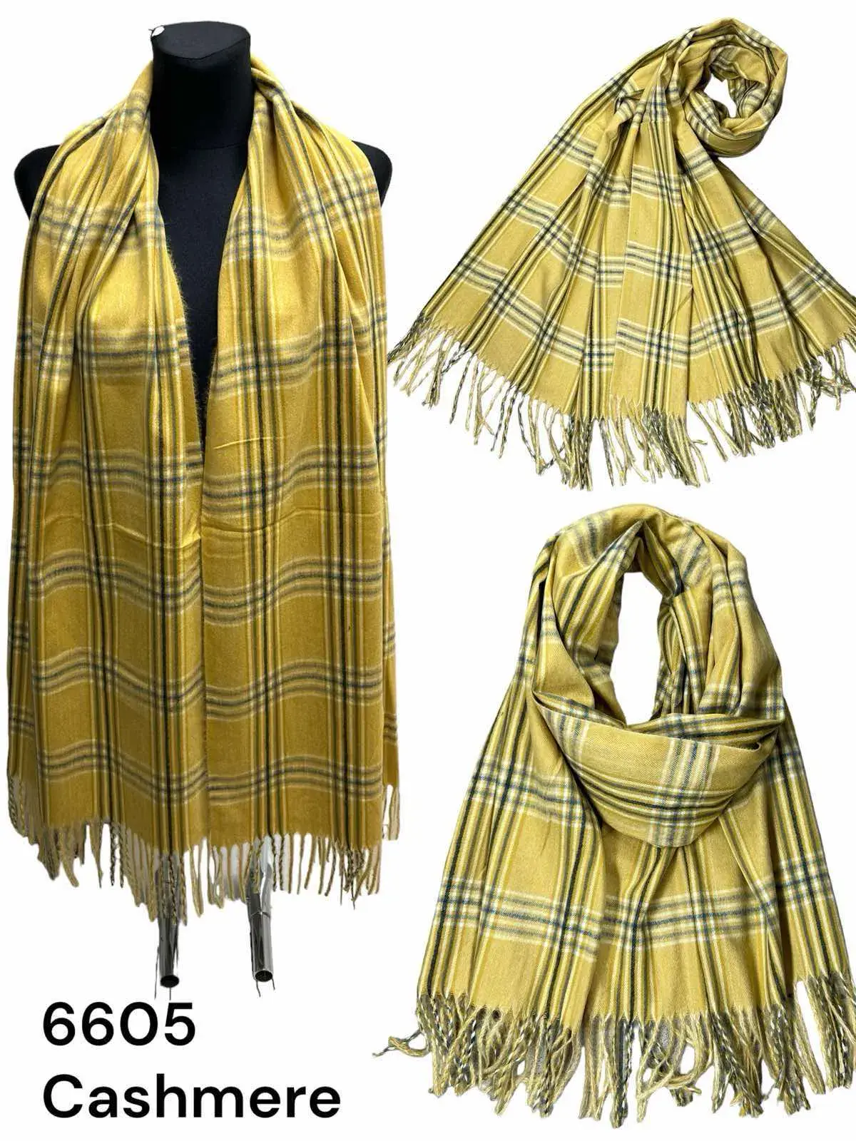 Szalik damski w kratę żółto-czarną Cashmere 66005