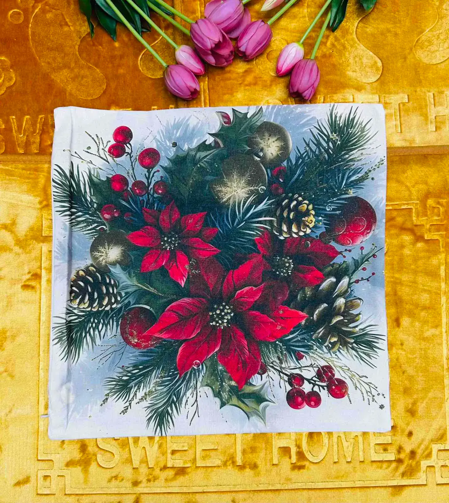 Poszewka 40x40 cm Bożonarodzeniowy motyw poinsecji