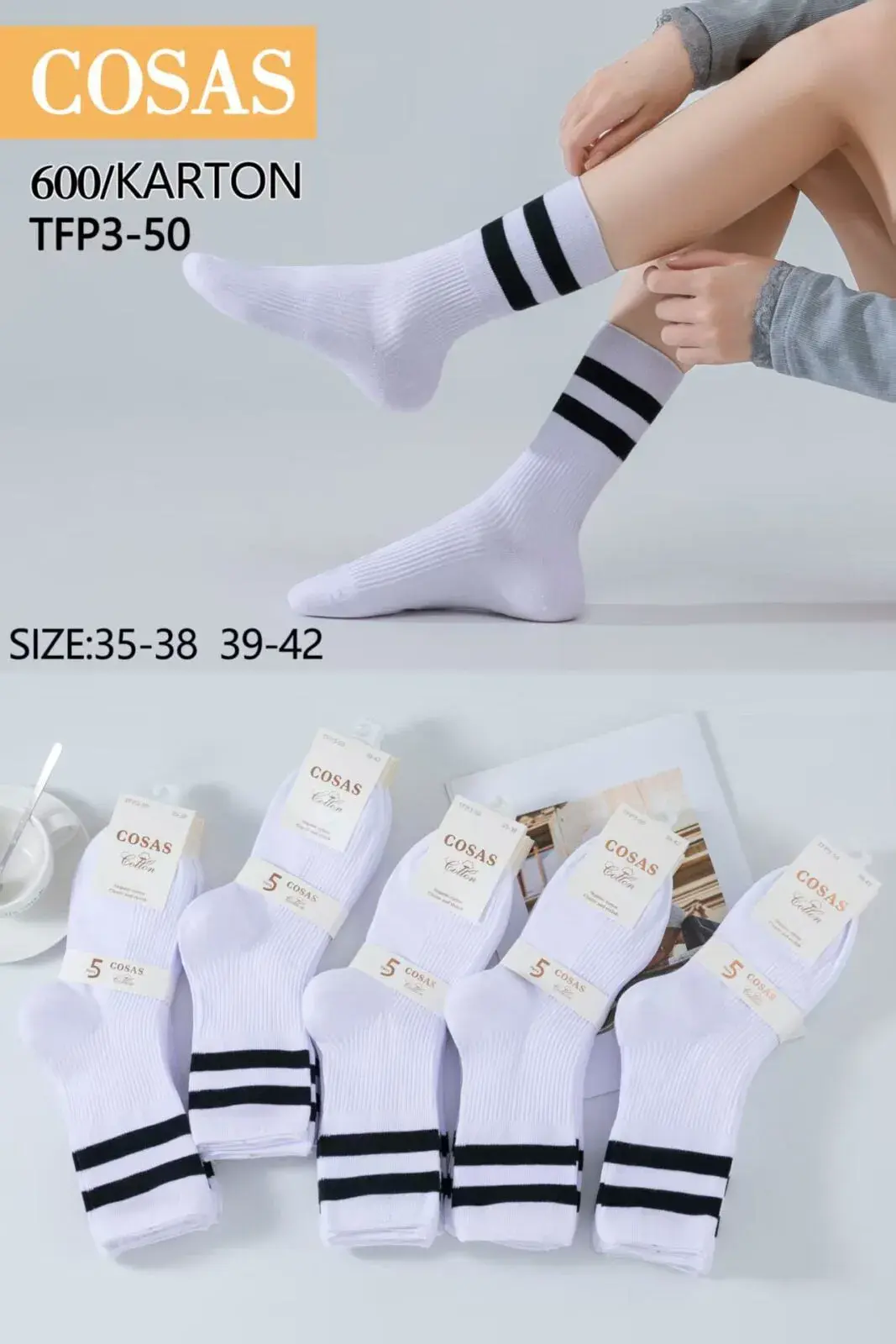 Skarpety damskie COSASAS białe z czarnymi paskami TPF-50 roz. 35-39/39-42